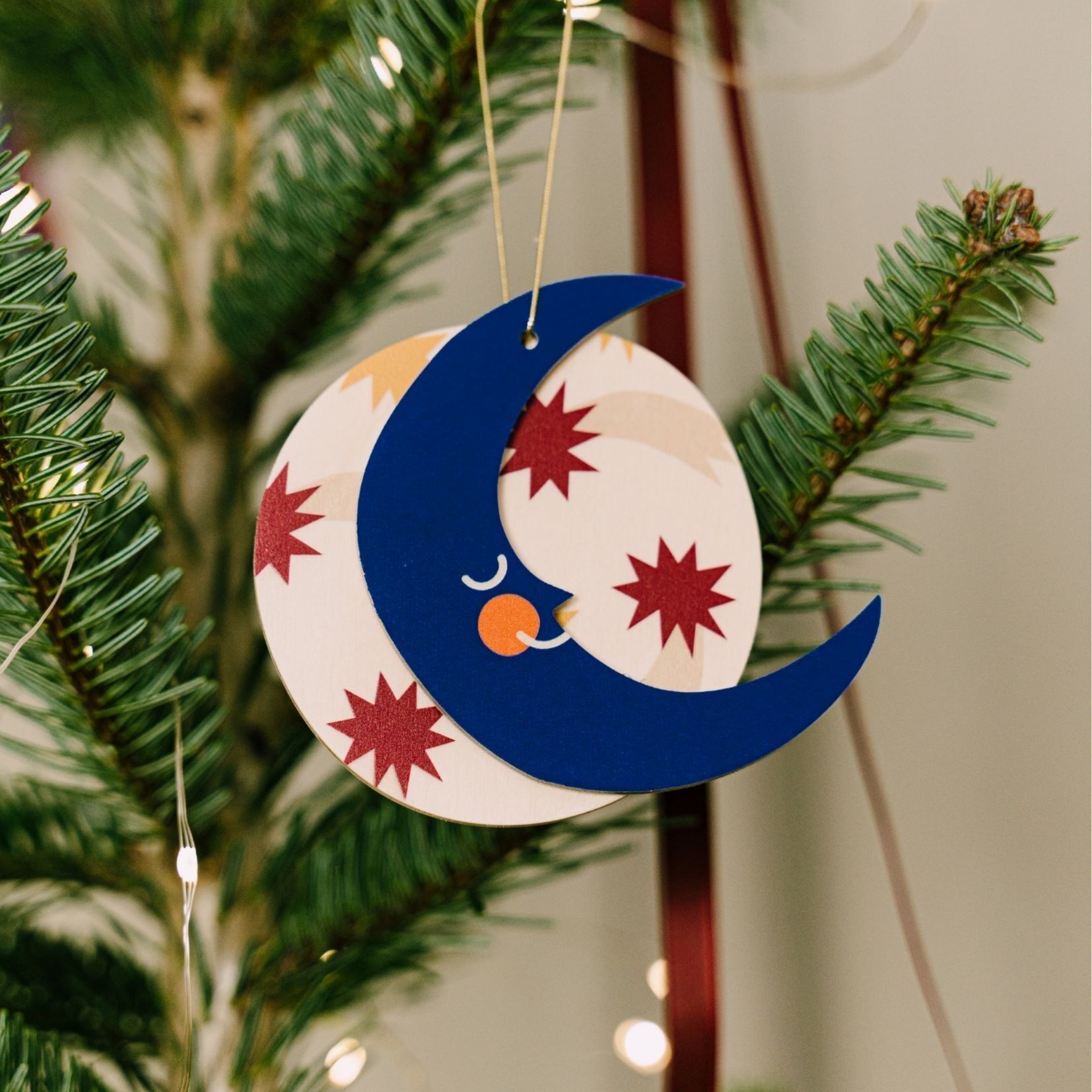 Decorazione da appendere all'albero di Natale con luna e stelle, ornamento natalizio in legno