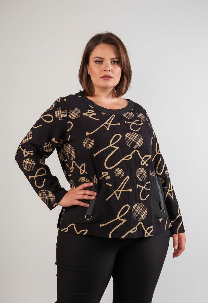 Top estampado negro de talla grande (C6137)