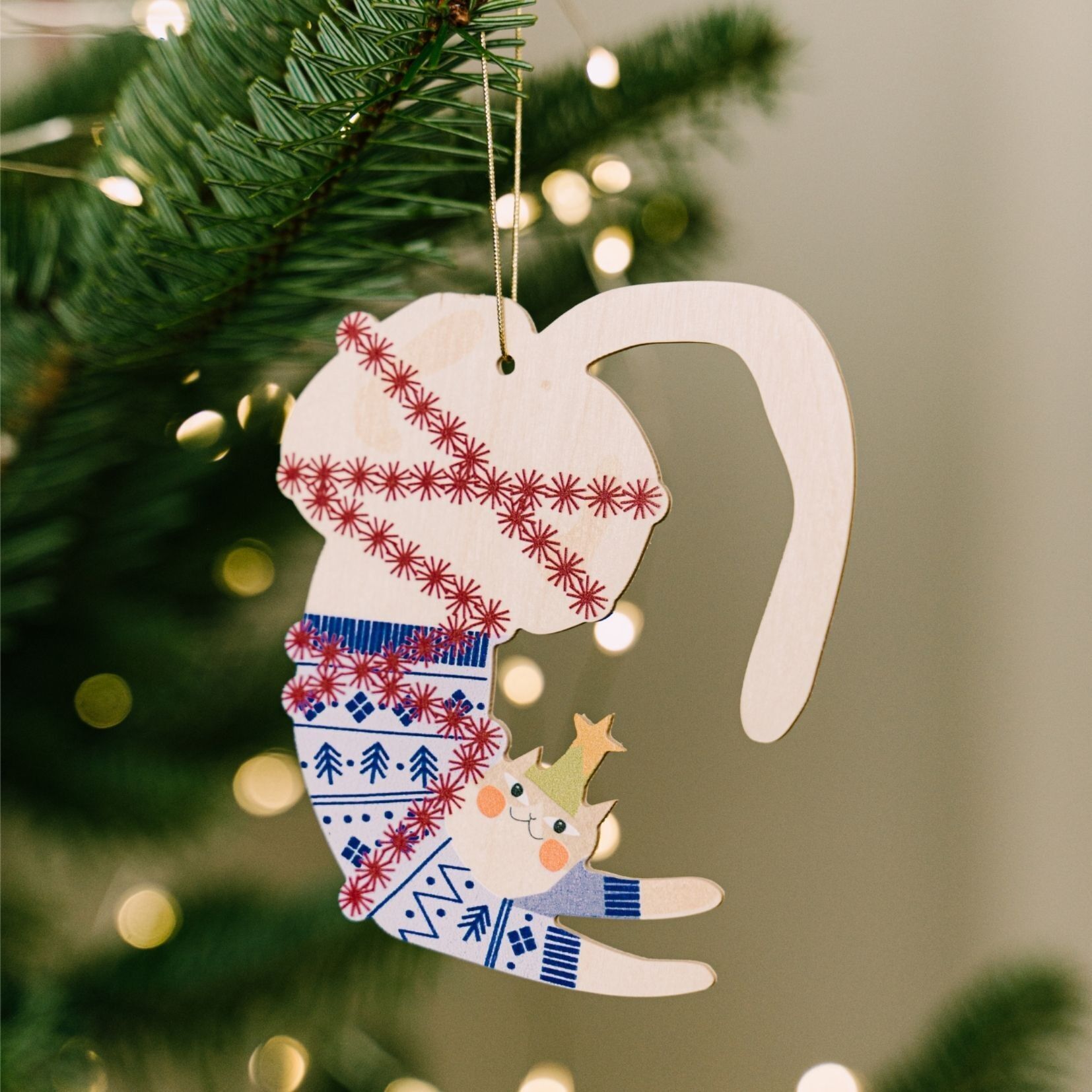 Decorazione in legno da appendere all'albero di Natale a forma di gatto