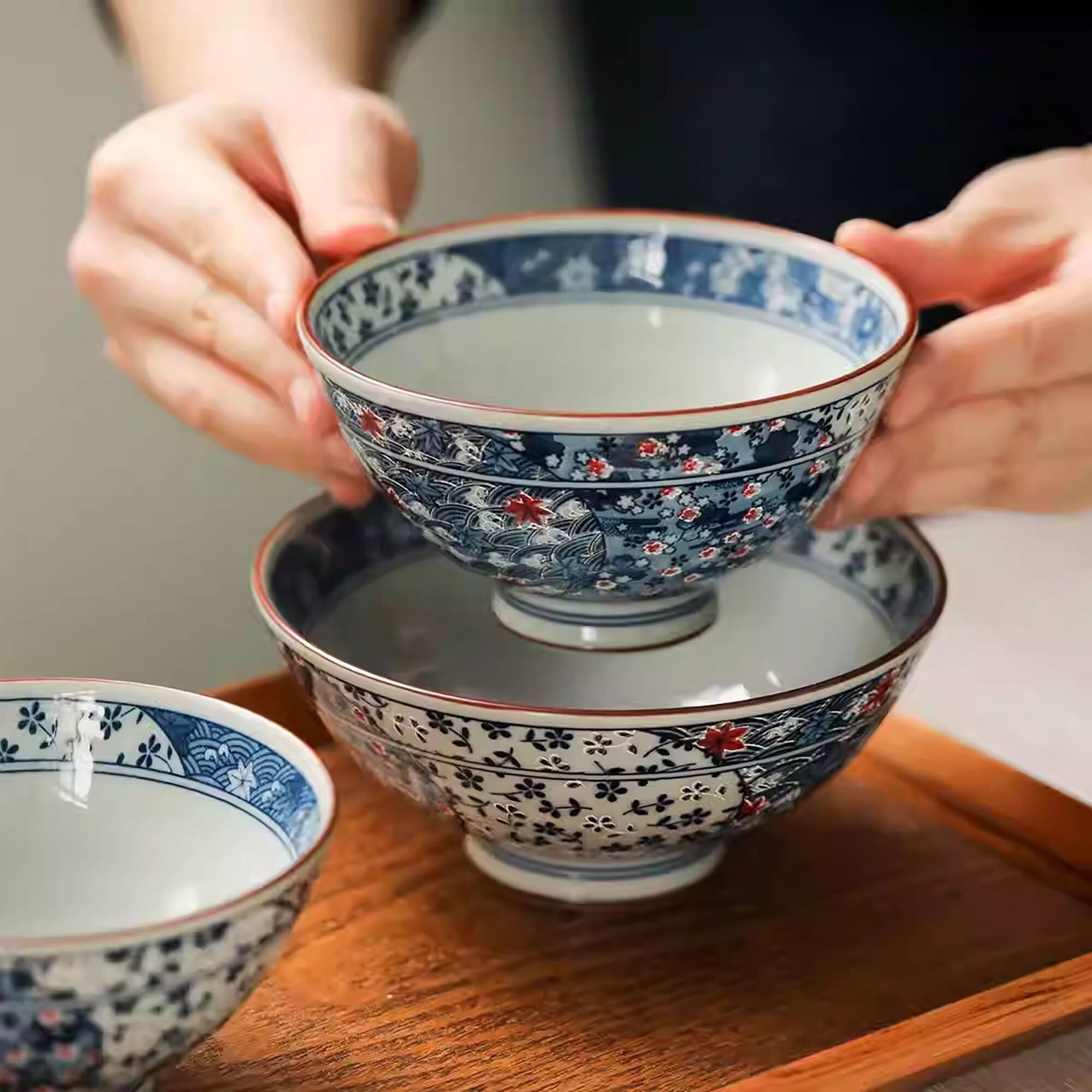 Bol en céramique japonaise Mino-yaki avec motifs sakura & vague