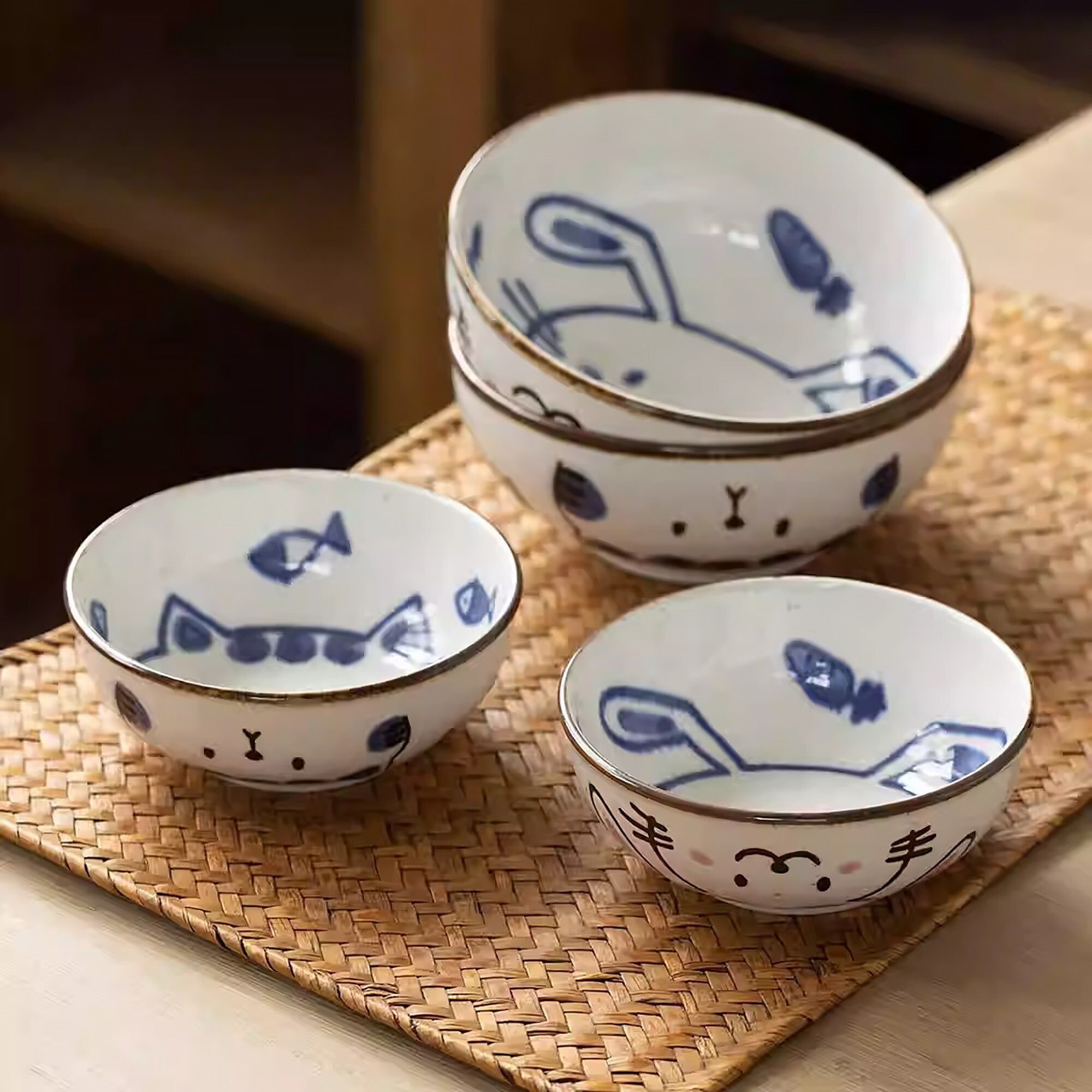 Bol saladier en céramique Mino-yaki avec chat et lapin mignons