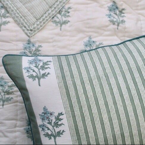 Handprinted Cushion | Edelweiss Stripe Green