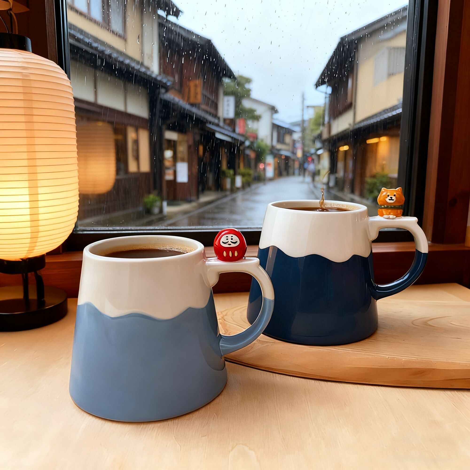 Taza del Monte Fuji con figuras de Daruma y Shiba