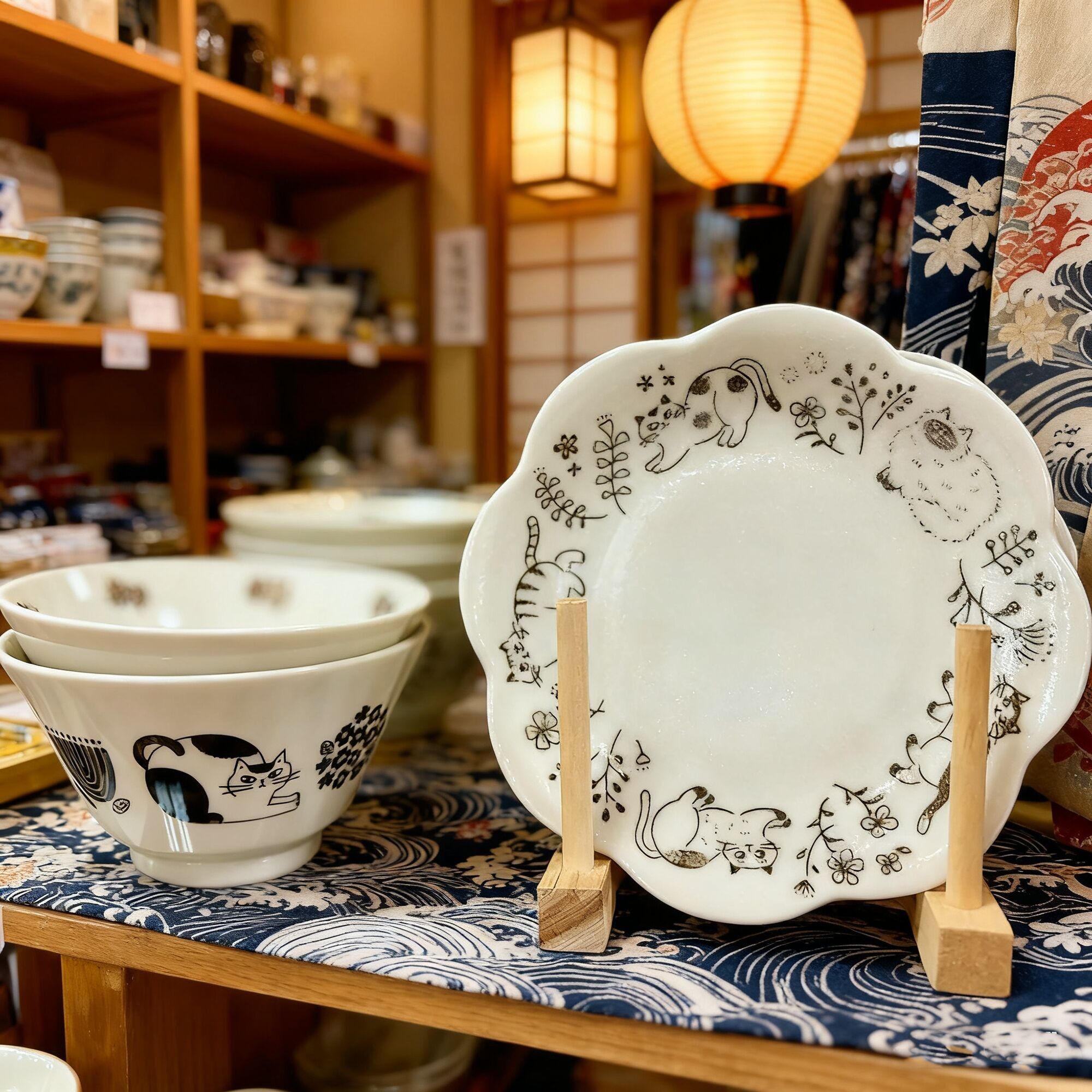 Plato de cerámica DECOLE, serie «Paseo del gato en el jardín»