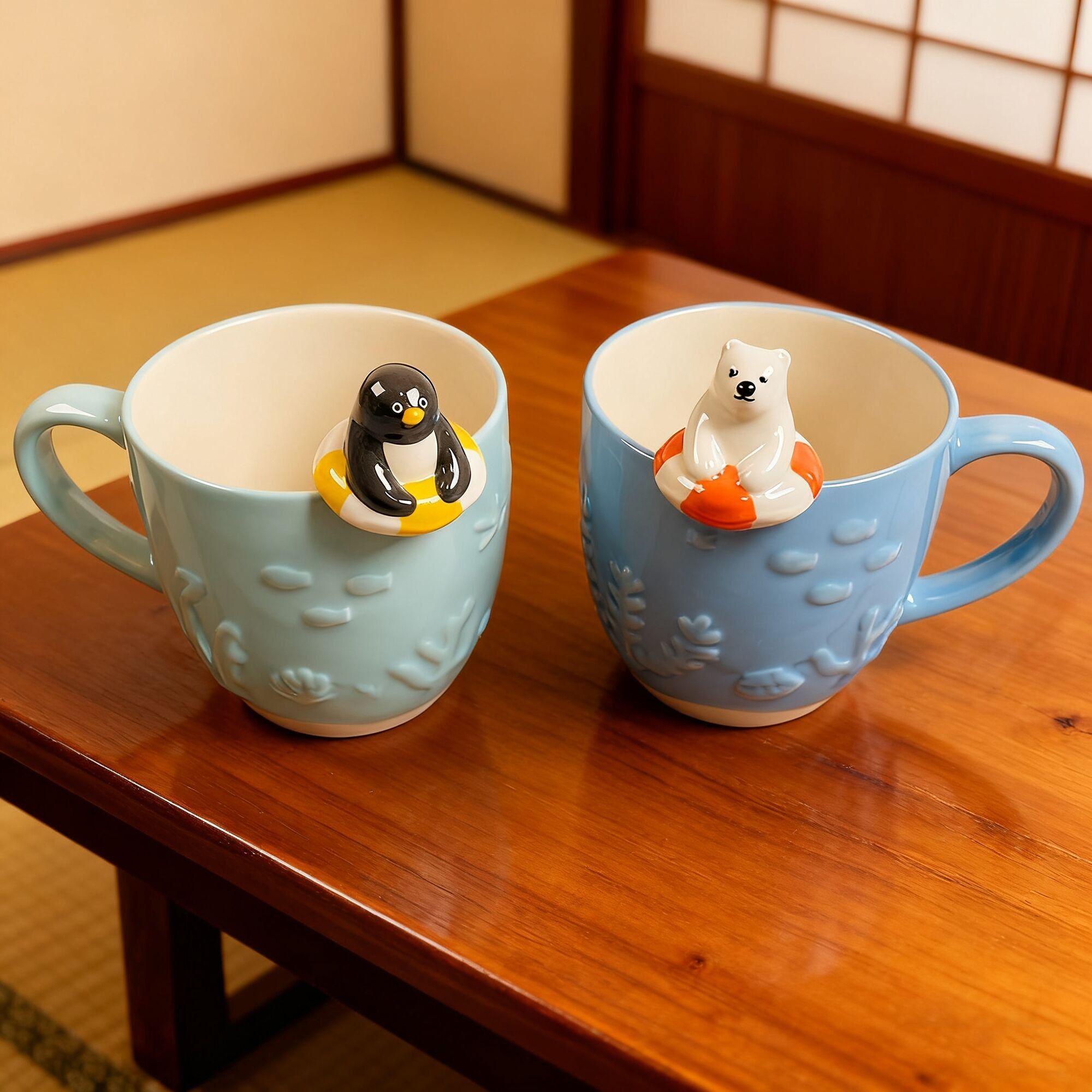 Taza de cerámica con cuchara, piscina de animales