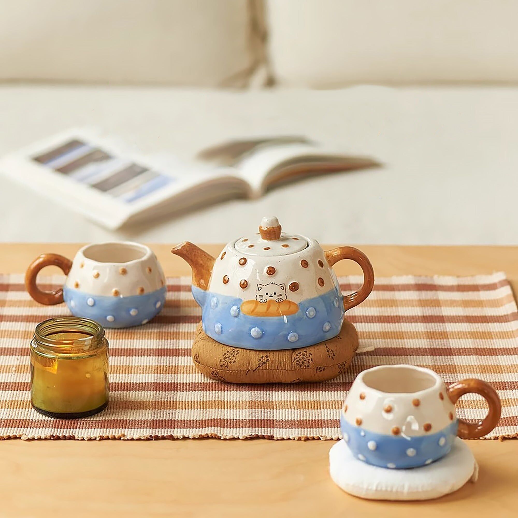 Set da tè in ceramica con motivo di gatto gourmet