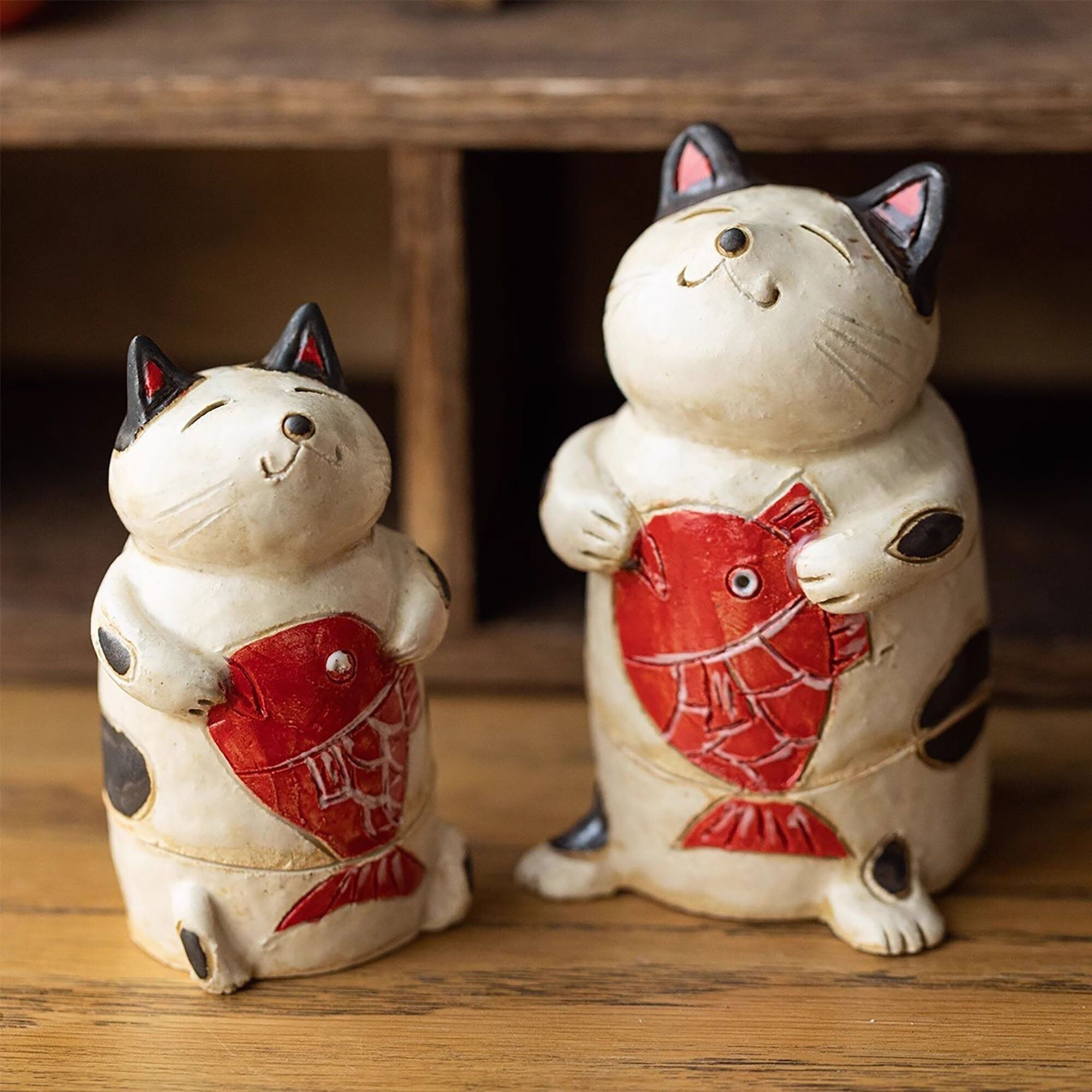 Porte Encens en céramique rustique Maneki-neko et carpe Koi