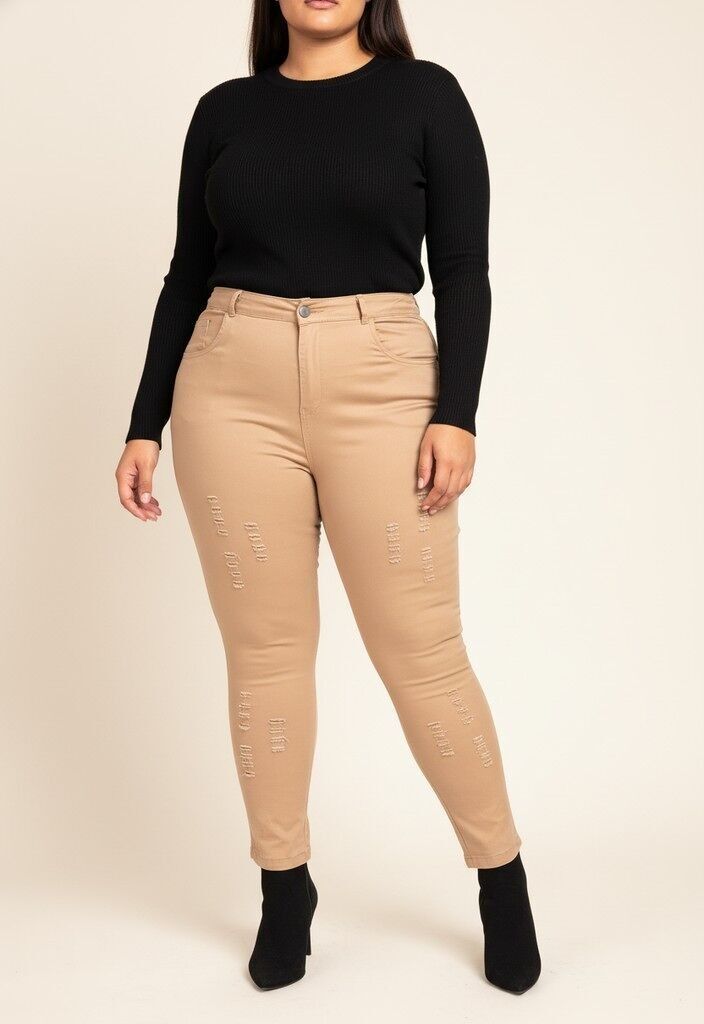 Pantalón beige con efecto roto de talla grande (B201)