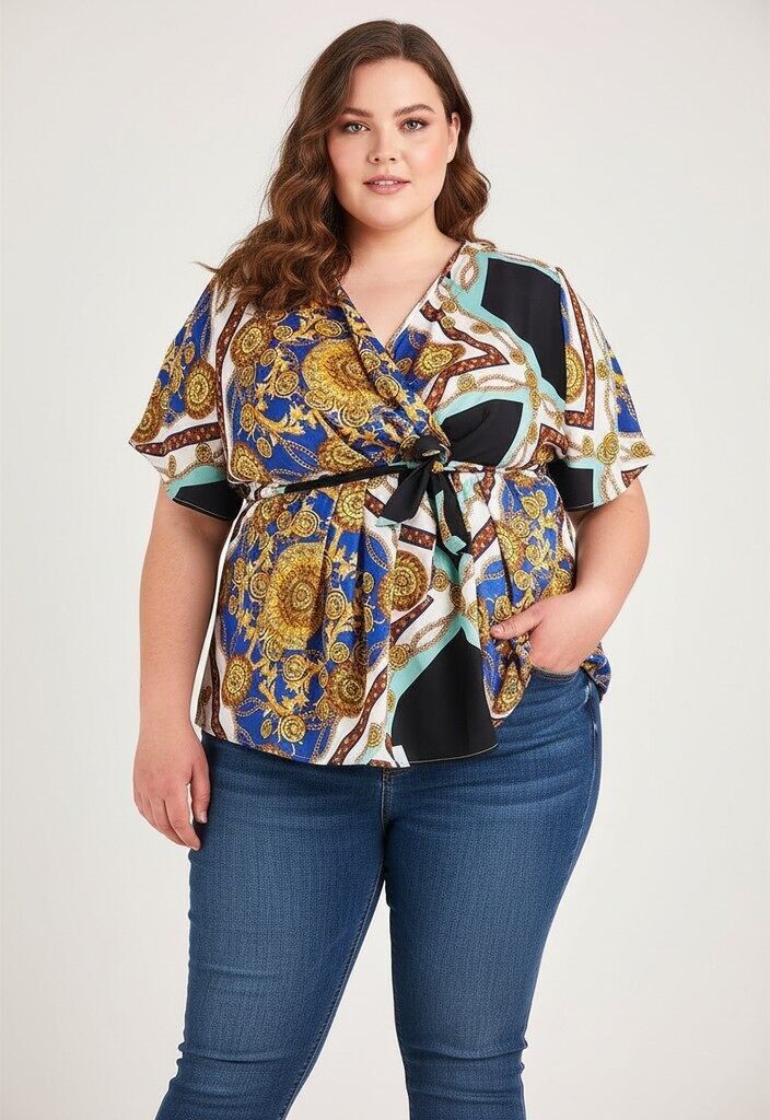 Blusa cruzada de talla grande con estampado de pañuelo azul (C6208)