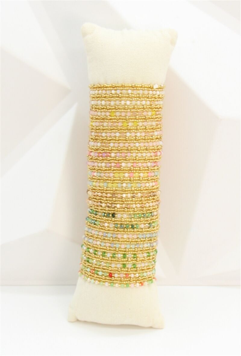 Set of 60 Multicolored Gold Beaded Elastic Bracelets – Free Display Stand