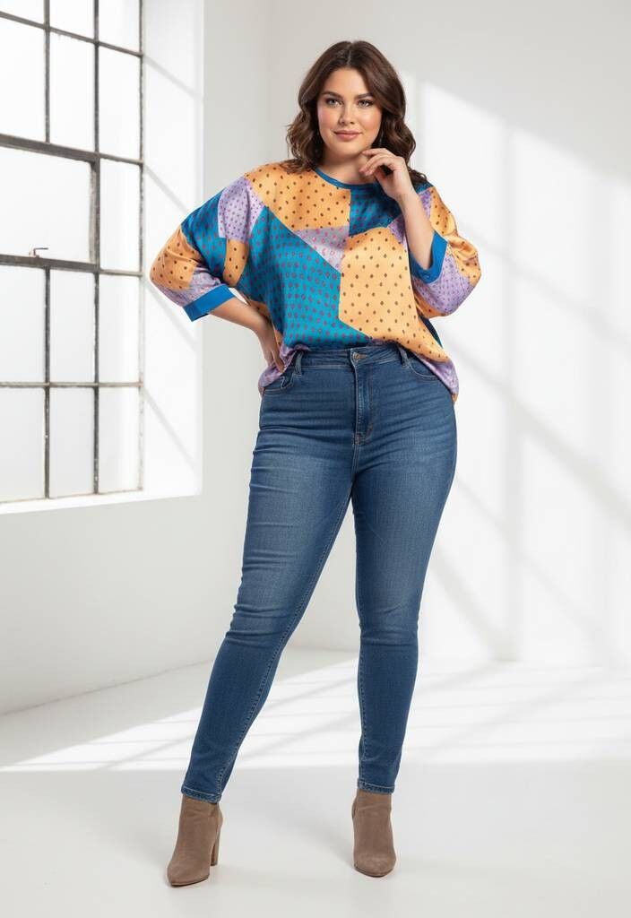 Blusa de seda de talla grande con estampado amarillo (C6111)