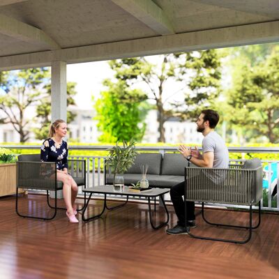 DIIZ garden furniture set made of polyrattan lounge set with sofa armchair table cushions weatherproof seating group for 4 people balcony furniture set garden lounge patio furniture for garden balcony brown + dark gray |