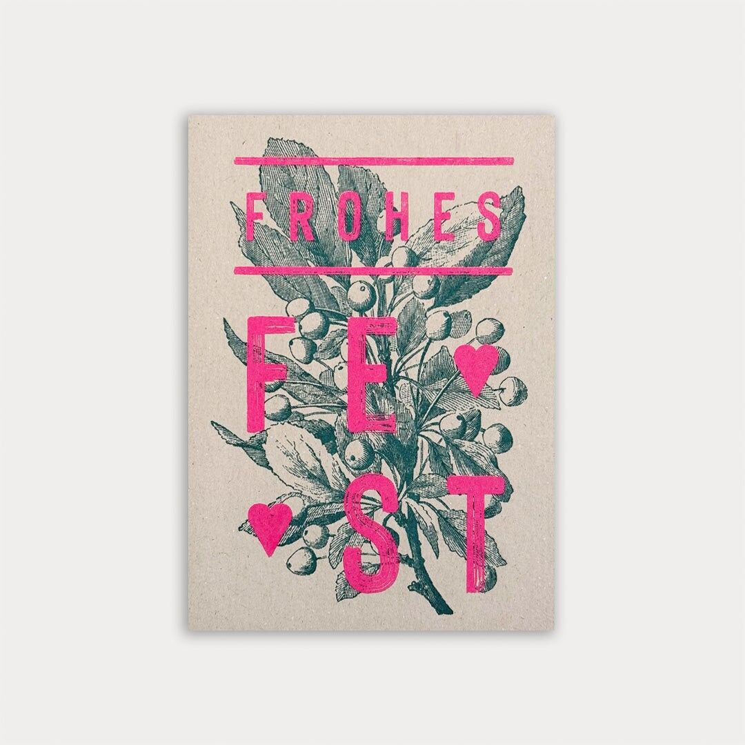 Cartolina / Tipografia / Buone feste / Rosa e verde acqua