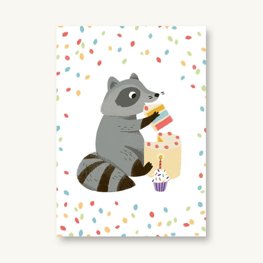 Postkarte Konfetti Waschbär