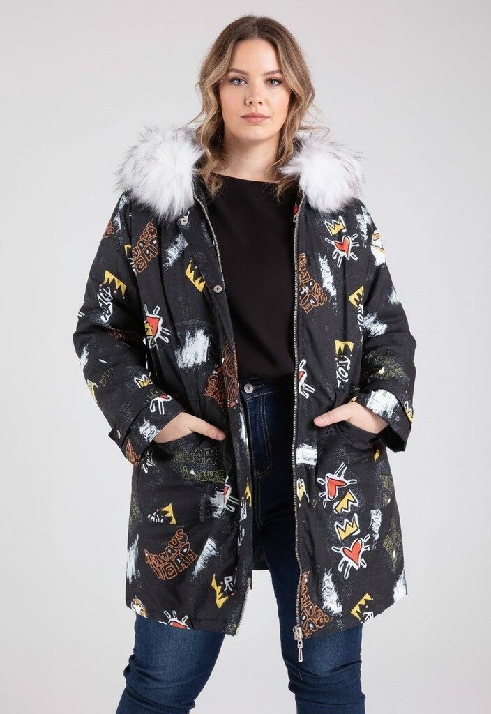 Chaqueta de plumón estampada de talla grande con pelo sintético (C6233)