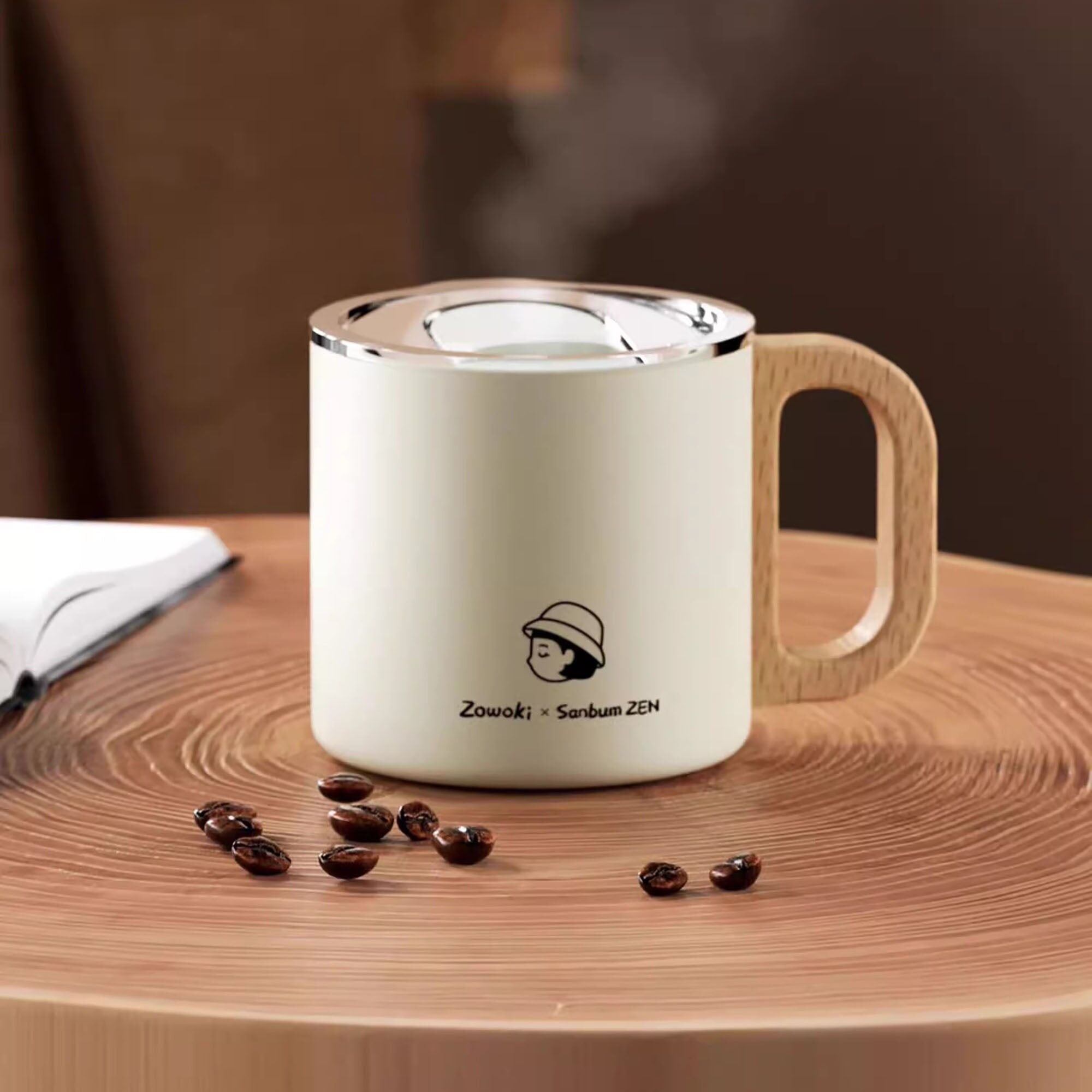 Taza isotérmica de acero inoxidable con revestimiento cerámico y asa de madera