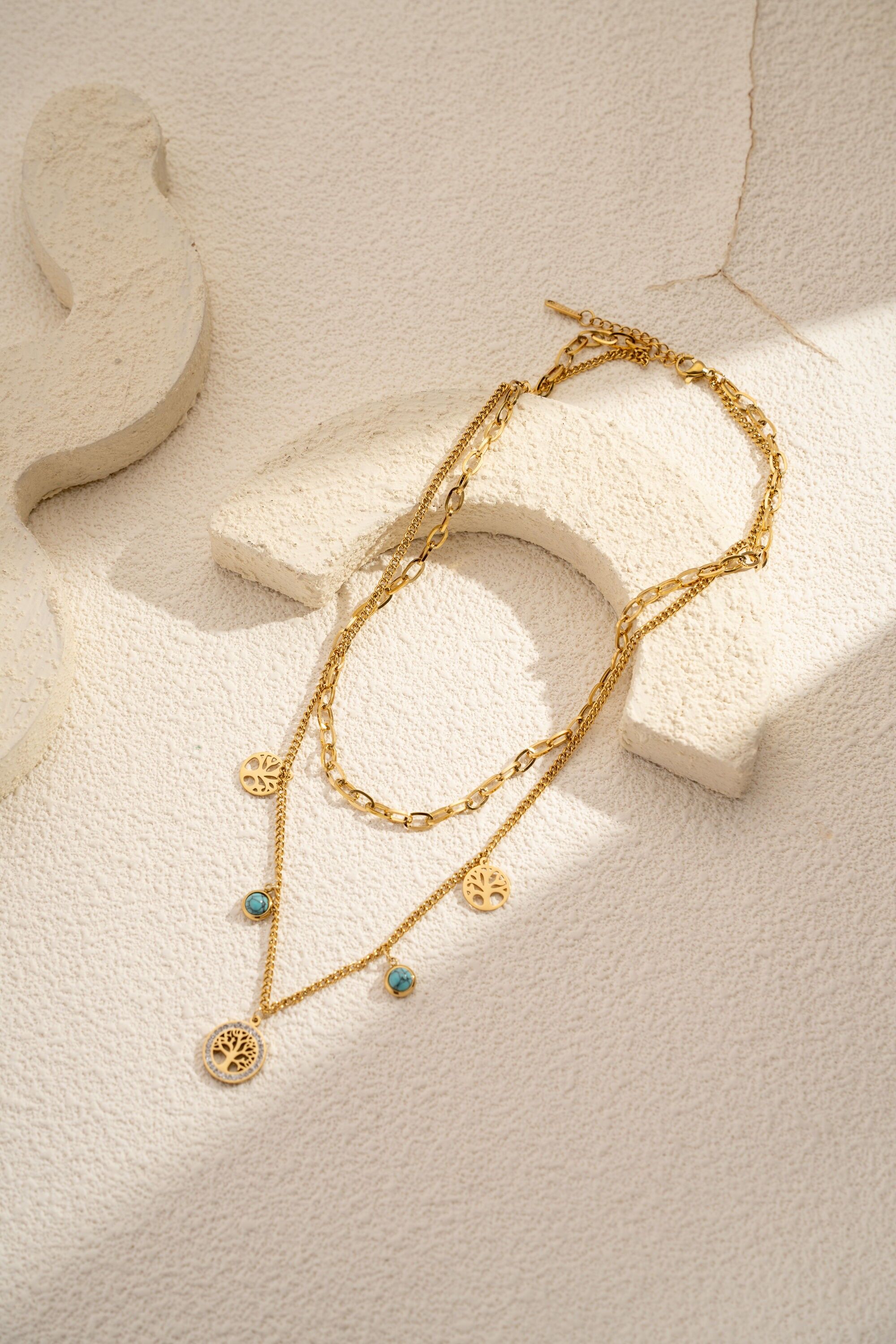 Double wrap Tree of Life necklace in stainless steel with stone