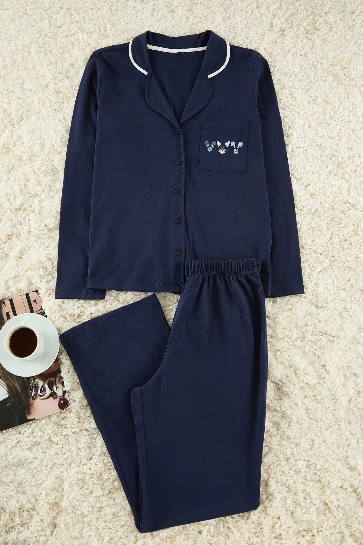 2-teiliger Strickpyjama mit Paspelierung und Taschen