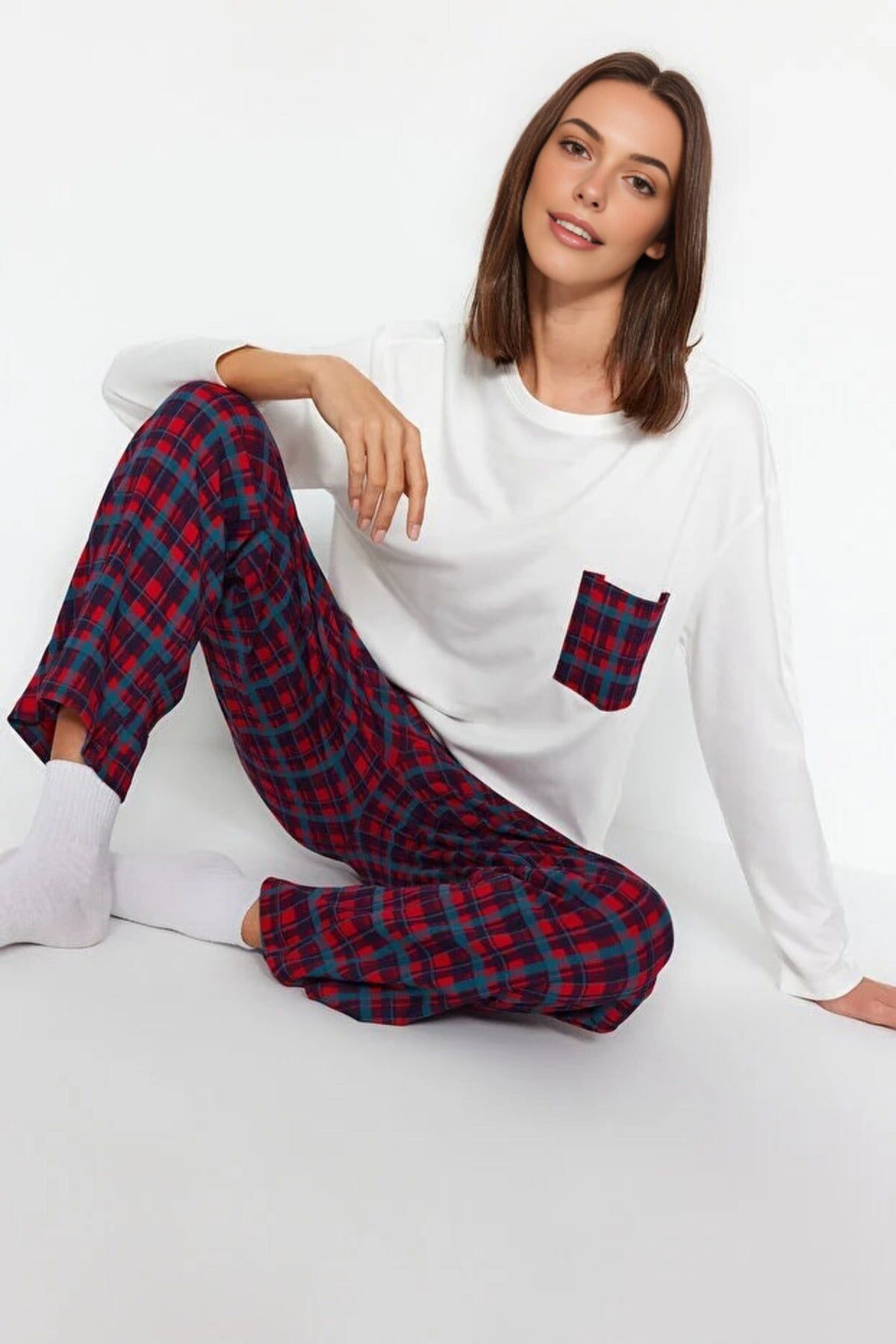 2-teiliger Pyjama aus 100 % Baumwolle mit Argyle-Strickmuster und Taschen