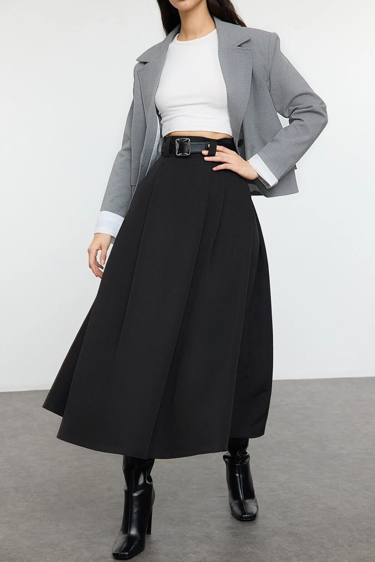 Maxi Length Woven Skirt with Pleated Detail