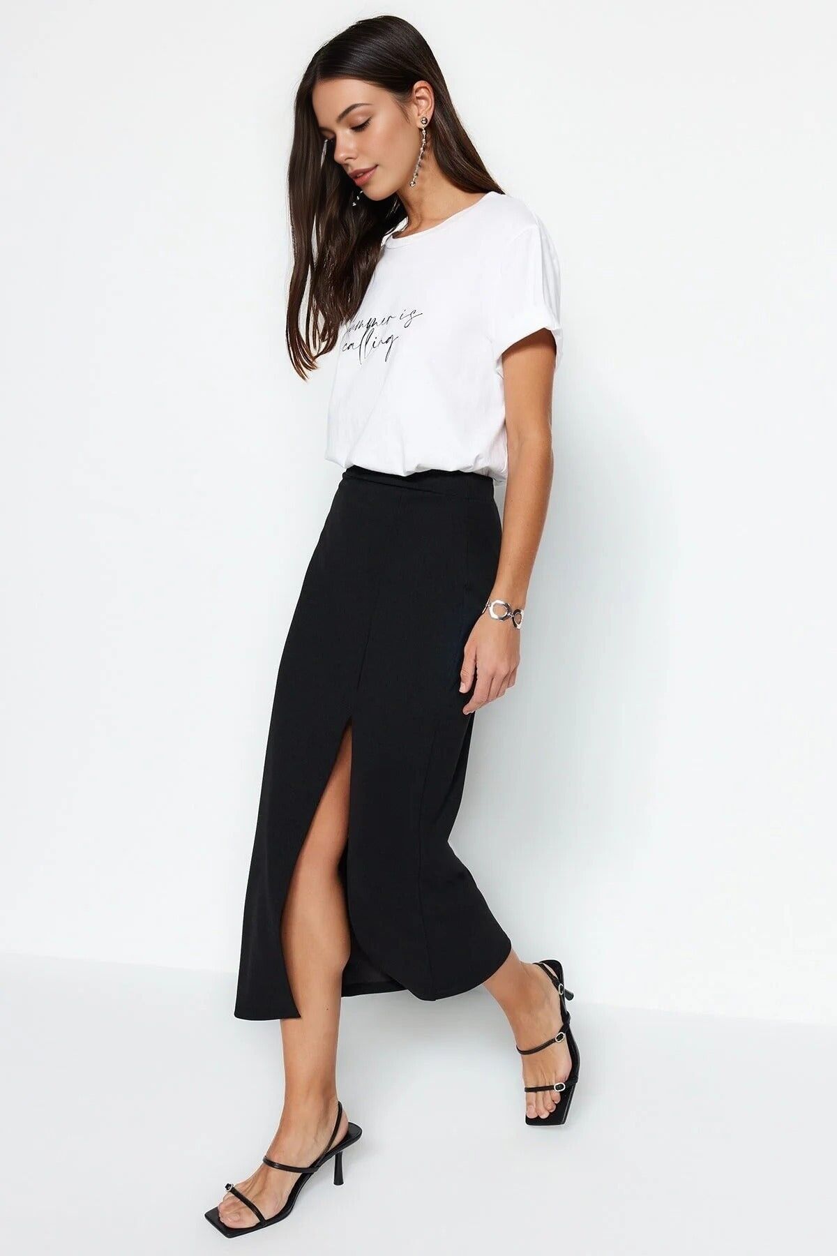Maxi High Waist Knit Skirt with Slit Detail