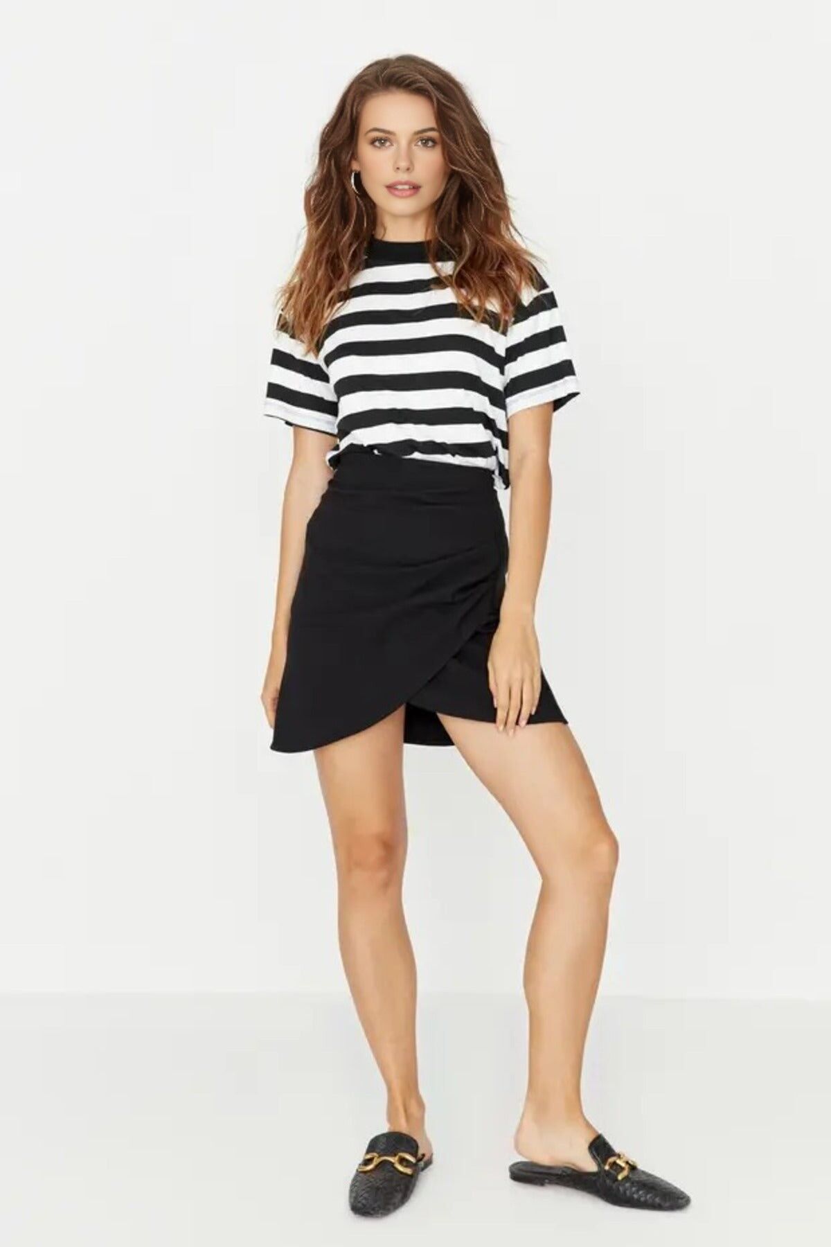 Double-Breasted Mini Woven Skirt with Front Gathering Detail