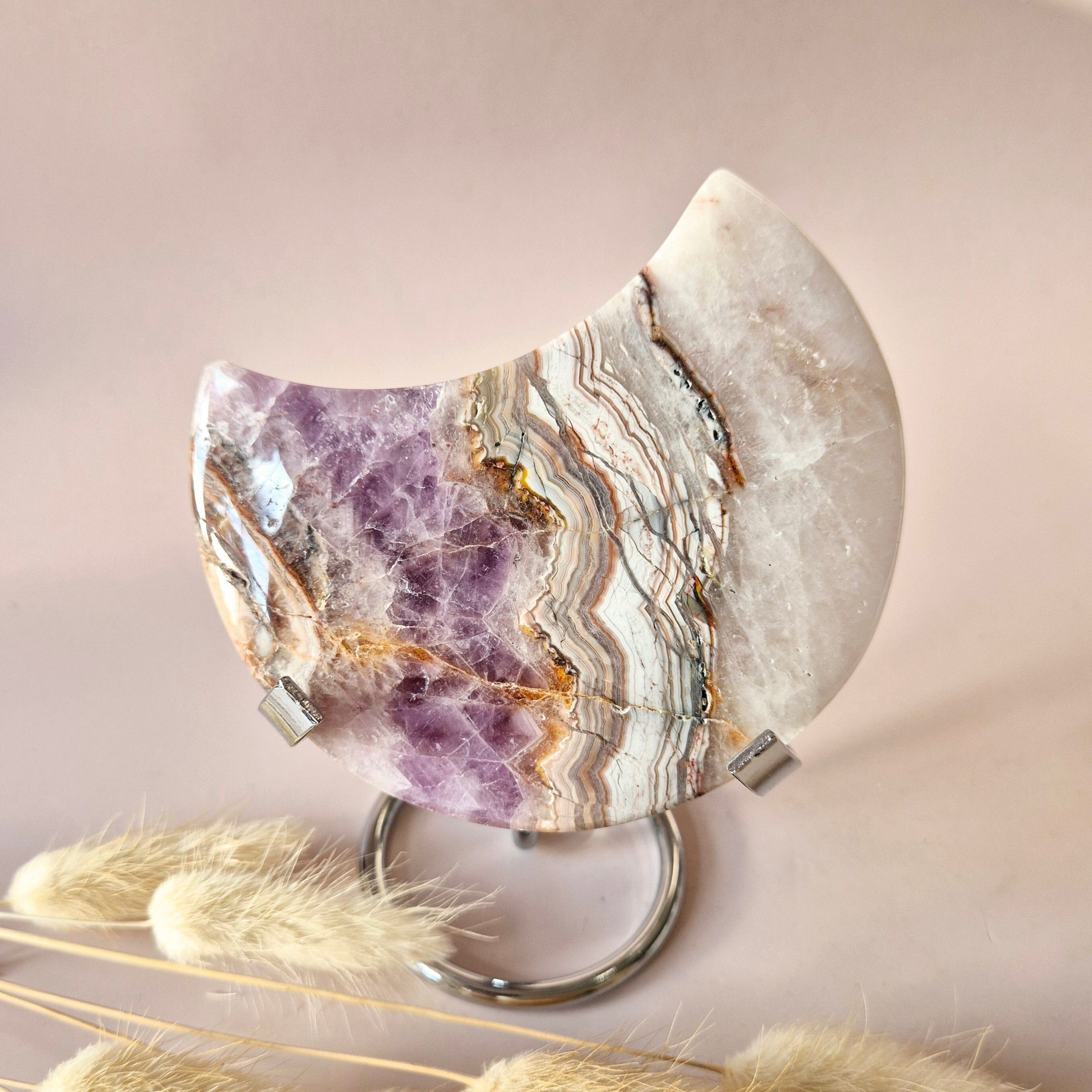 XL Amethyst-Achat-Edelsteinmond (290 g) – inklusive Ständer