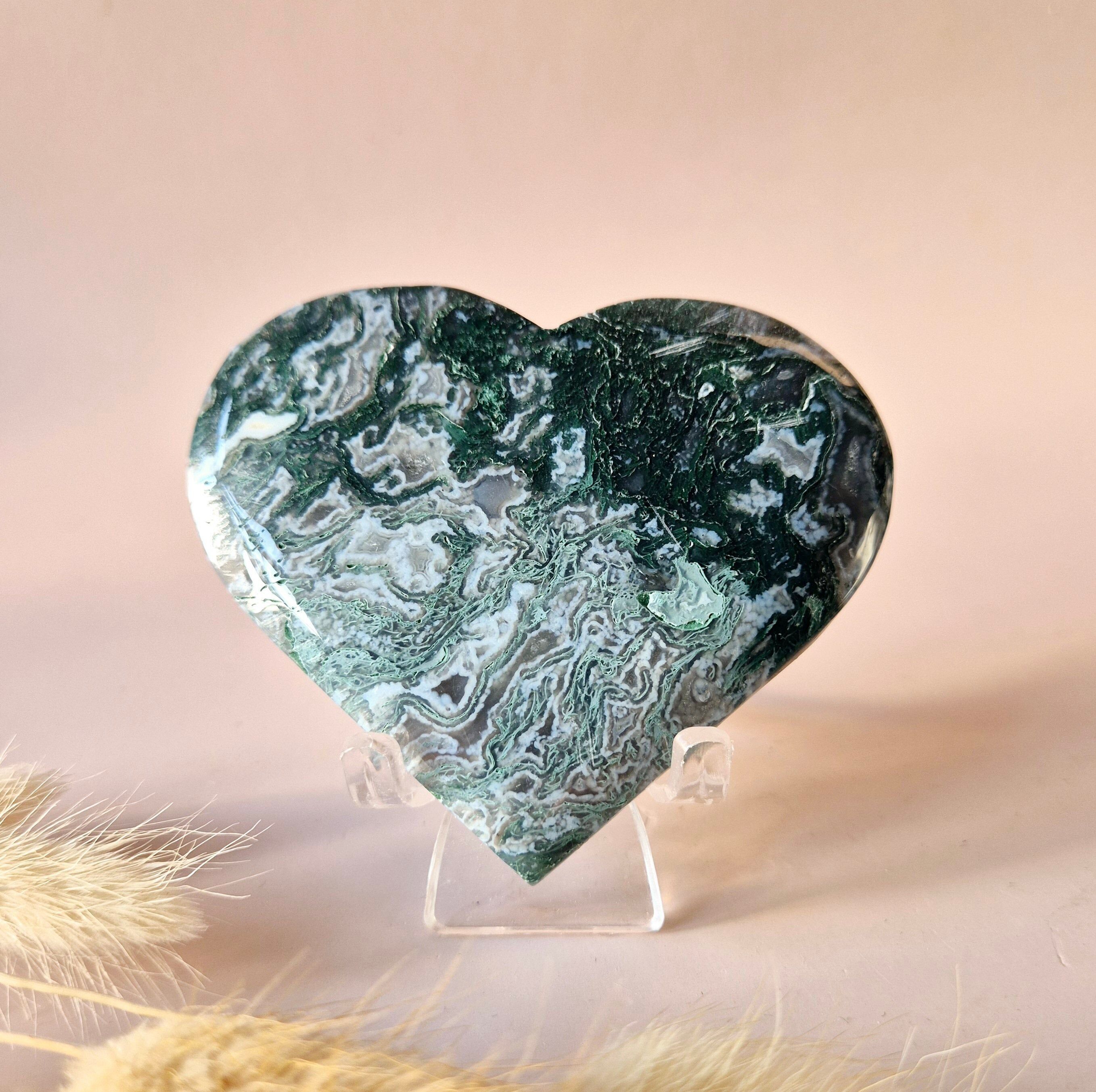 Edelstein-Druse-Moosachat-Herz auf Metallständer – Nr. 120 130-150 Gramm