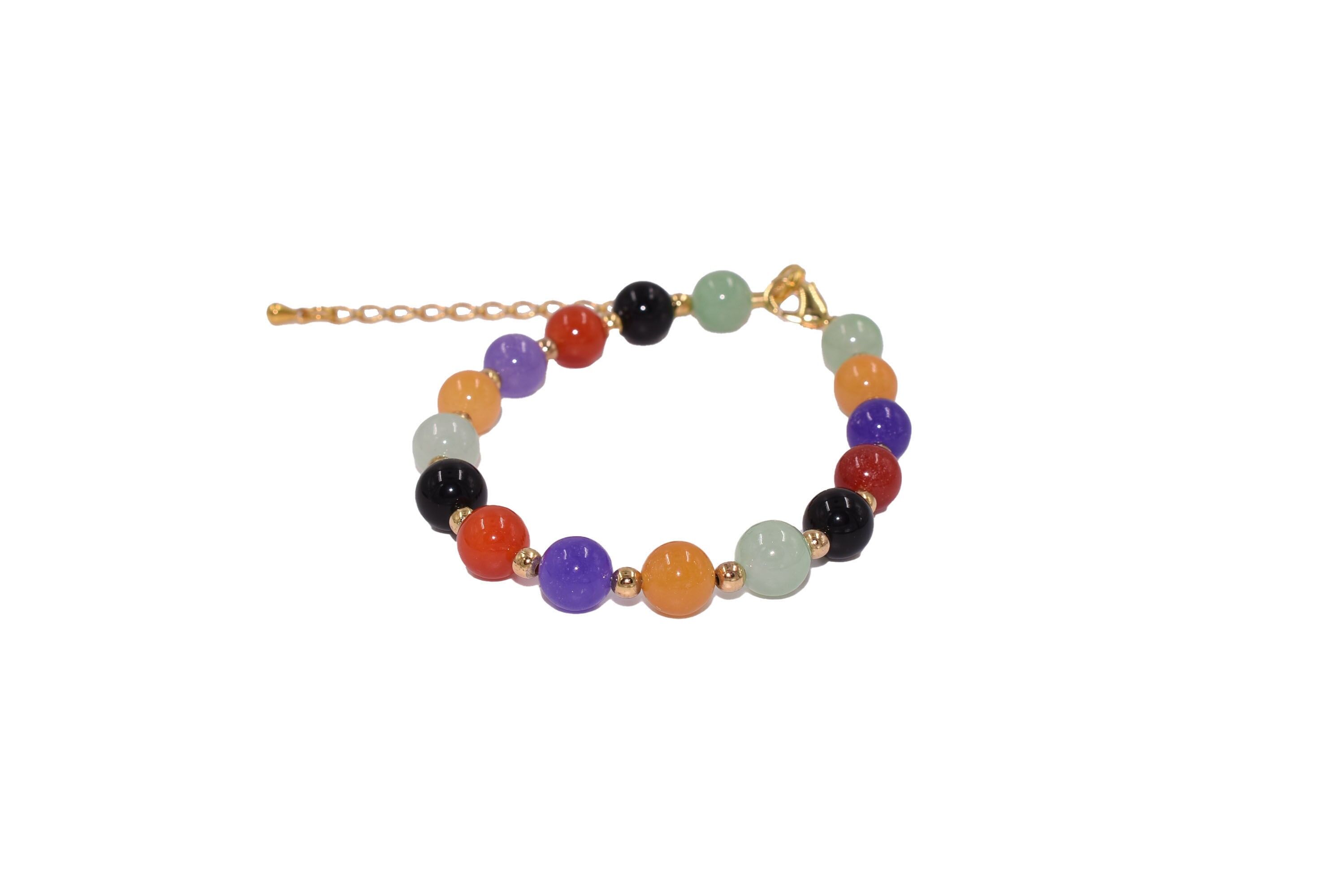 Bracelet en jade - vert, noir, rouge, jaune, lavande - 19 + 5 cm de long