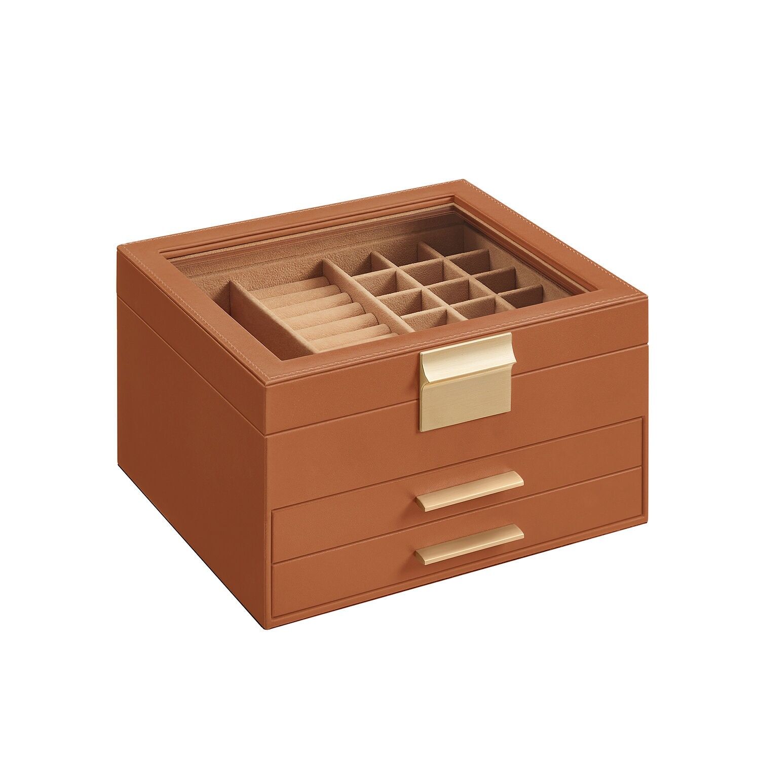 Sieradendoos mit 3 Niveaus, modernes Karamelbruin-Goud