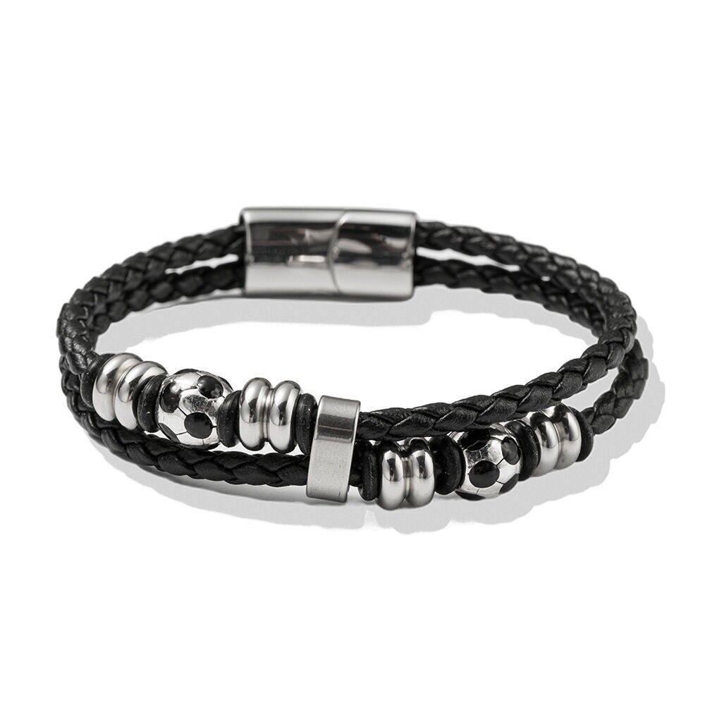 Leather bracelet - black and silver - 21 cm long
