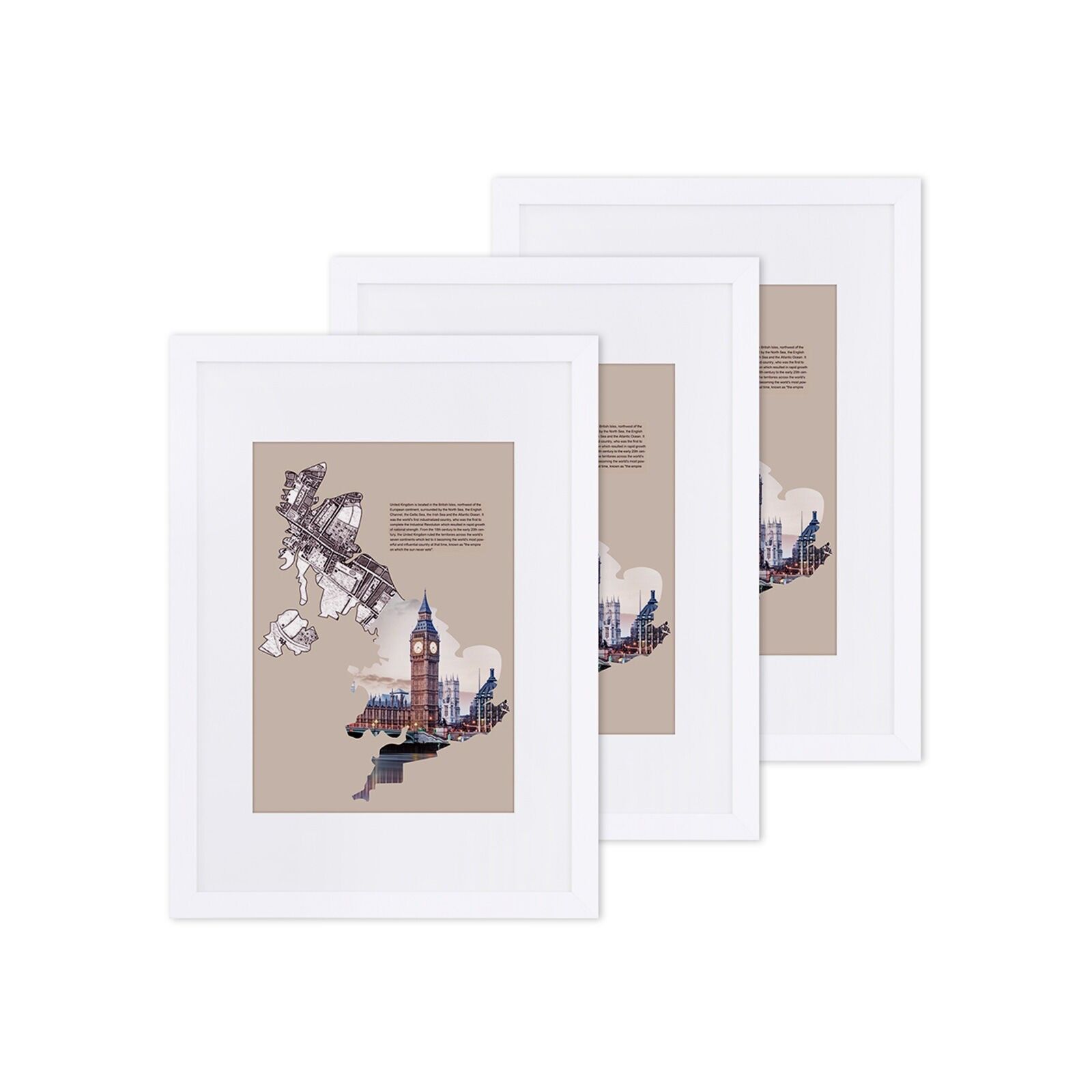 Photo frames 3 pieces with passe-partout, (29.7 x 42 cm) without passe-partout, for A4 (21 x 29.7 cm) with passe-partout, photo frame, glass panel, frame width 2 cm
