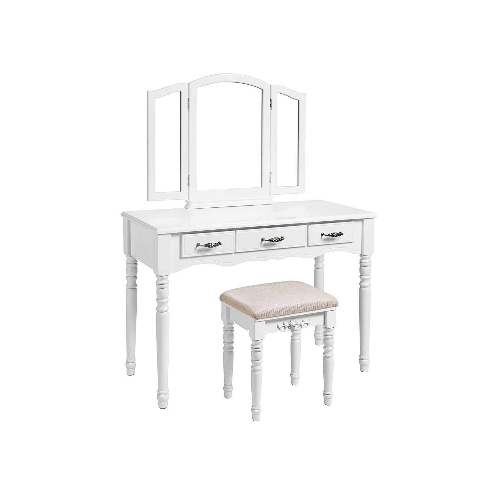 Coiffeuse élégante avec miroir pliant, 108 x 131.5 x 47 cm (L x H x P) - Dimensions du tabouret de toilette : 40.5 x 51 x 30.5 cm