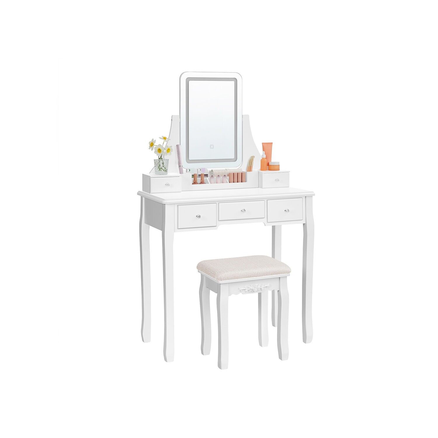 Coiffeuse avec éclairage LED et miroir blanc, 80 x 40 x 137.5 cm (L x l x H) Dimensions du tabouret : 37 x 28 x 45 cm