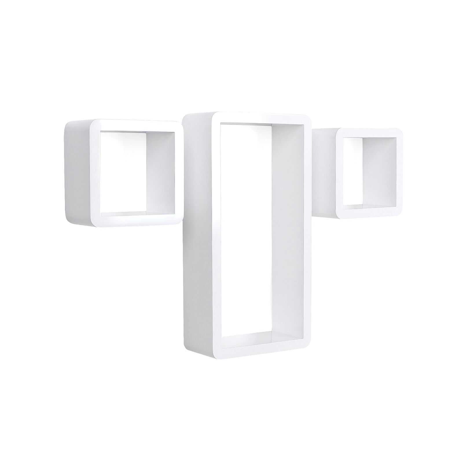 Geometric wall shelves set of 3 white, 42.5 x 21.5 x 10 cm (W x H x D) - Small shelf: 17.5 x 17.5 x 10 cm (W x H x D) (2 x ) Internal dimensions: - Large shelf: 39 x 18 x 10 cm (W x H x D) - Small shelf: 13.4 x 13.4 x 10 cm