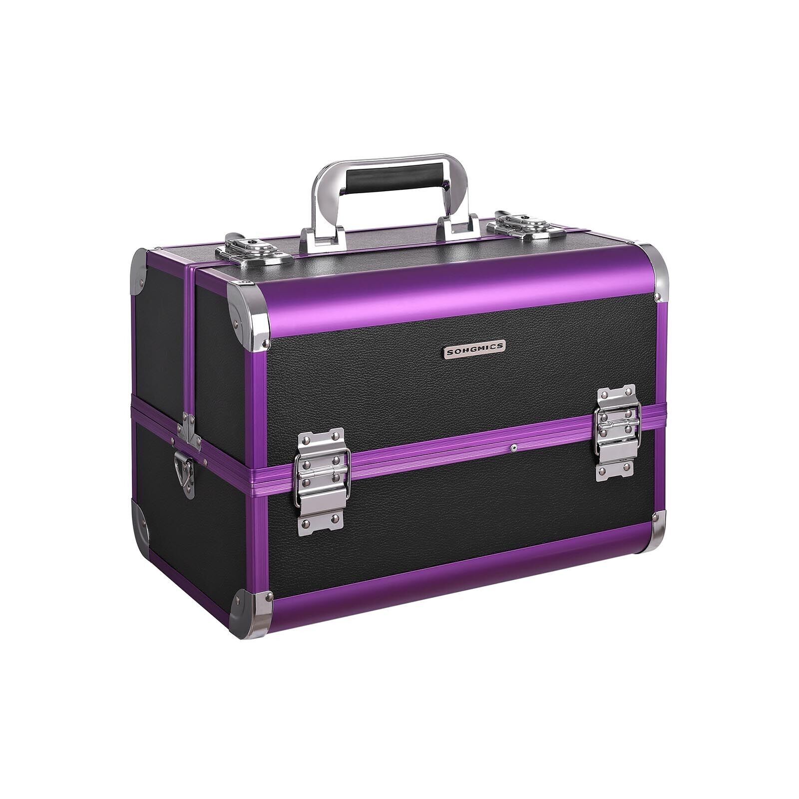 Small cosmetic case black-purple, 35.5 x 25 x 24.5 cm (W x H x D) - Dimensions of the top 3 compartments: 20.5 x 2.5 x 19.5 cm (W x H x D) - Dimensions of the removable compartment: 10 x 12 x 8 cm