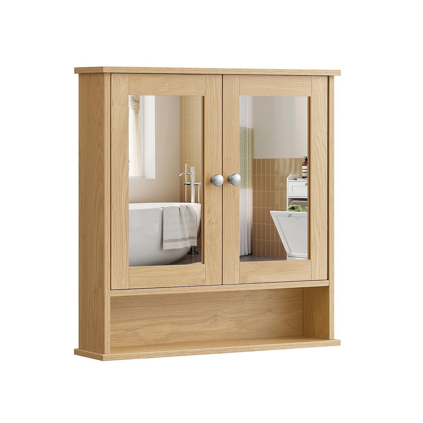 Armoire à miroir avec 2 portes miroir et compartiment ouvert, couleur chêne naturel, 56 x 58 x 13 (L x H x P) cm