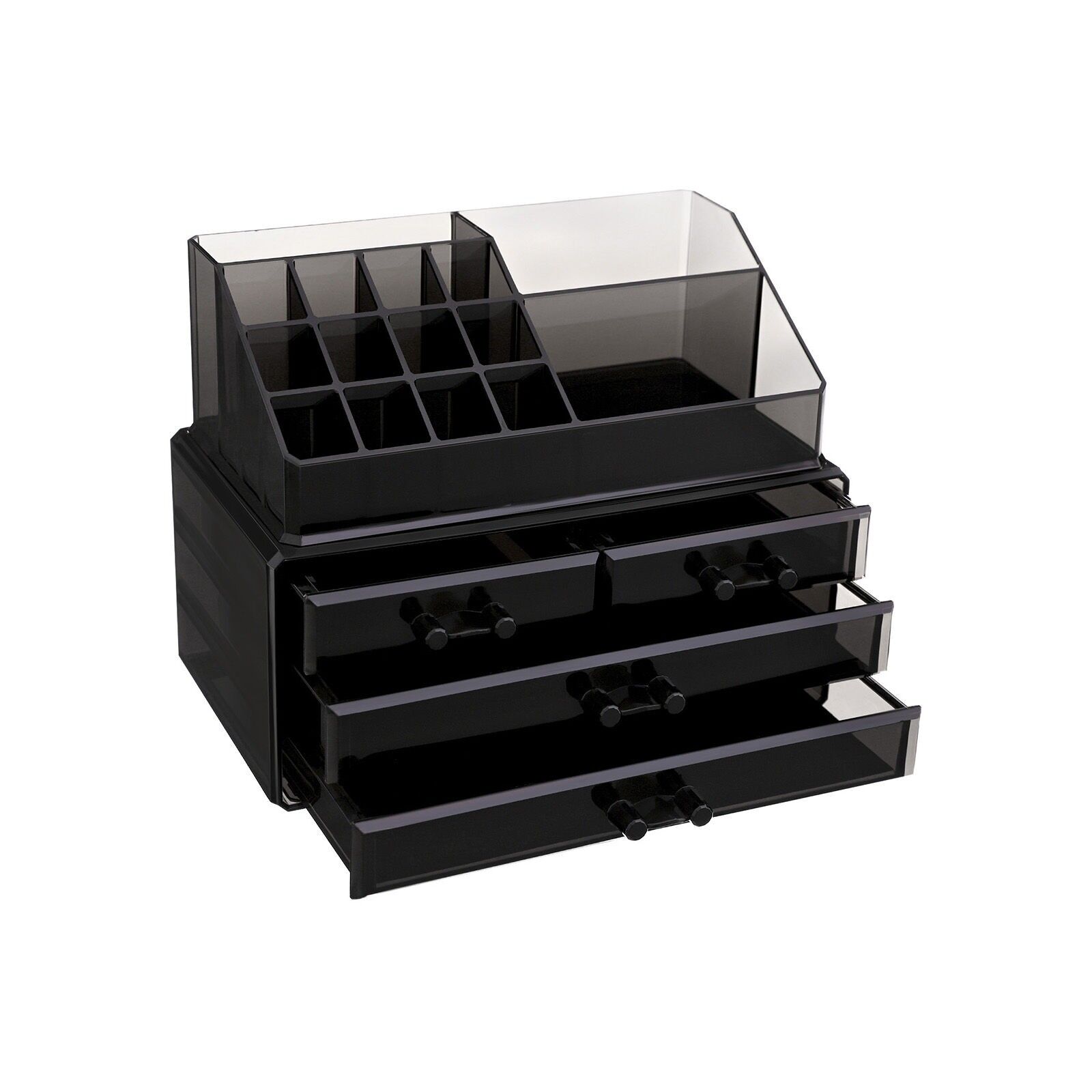 Organisateur de maquillage noir transparent, 24 x 18.5x13.5 cm (W x H x D) Top dimensions: 22.5 x 8 x 13.5 cm (L x H x P) Dimensions du fond : 24 x 11 x 13.5 cm
