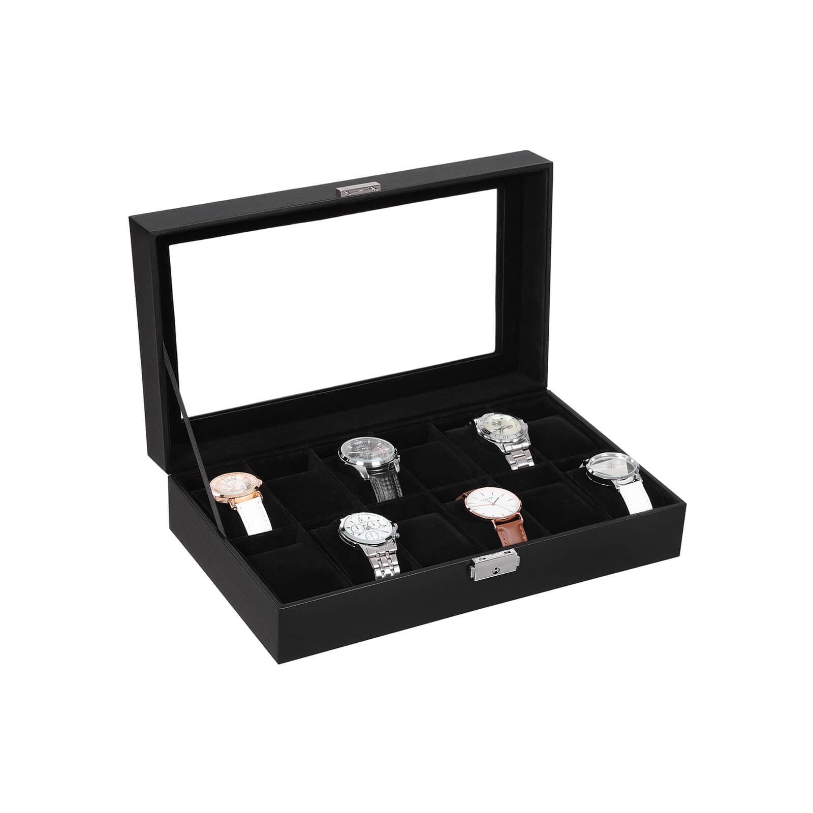 Stilvolle Uhrenbox für 12 Uhren, 30 x 21 x 8.5 cm (L x W x H) Dimensions per watch compartment: 7 x 4.8 cm Dimensions per watch cushion: 7 x 3.5 x 4.8 cm