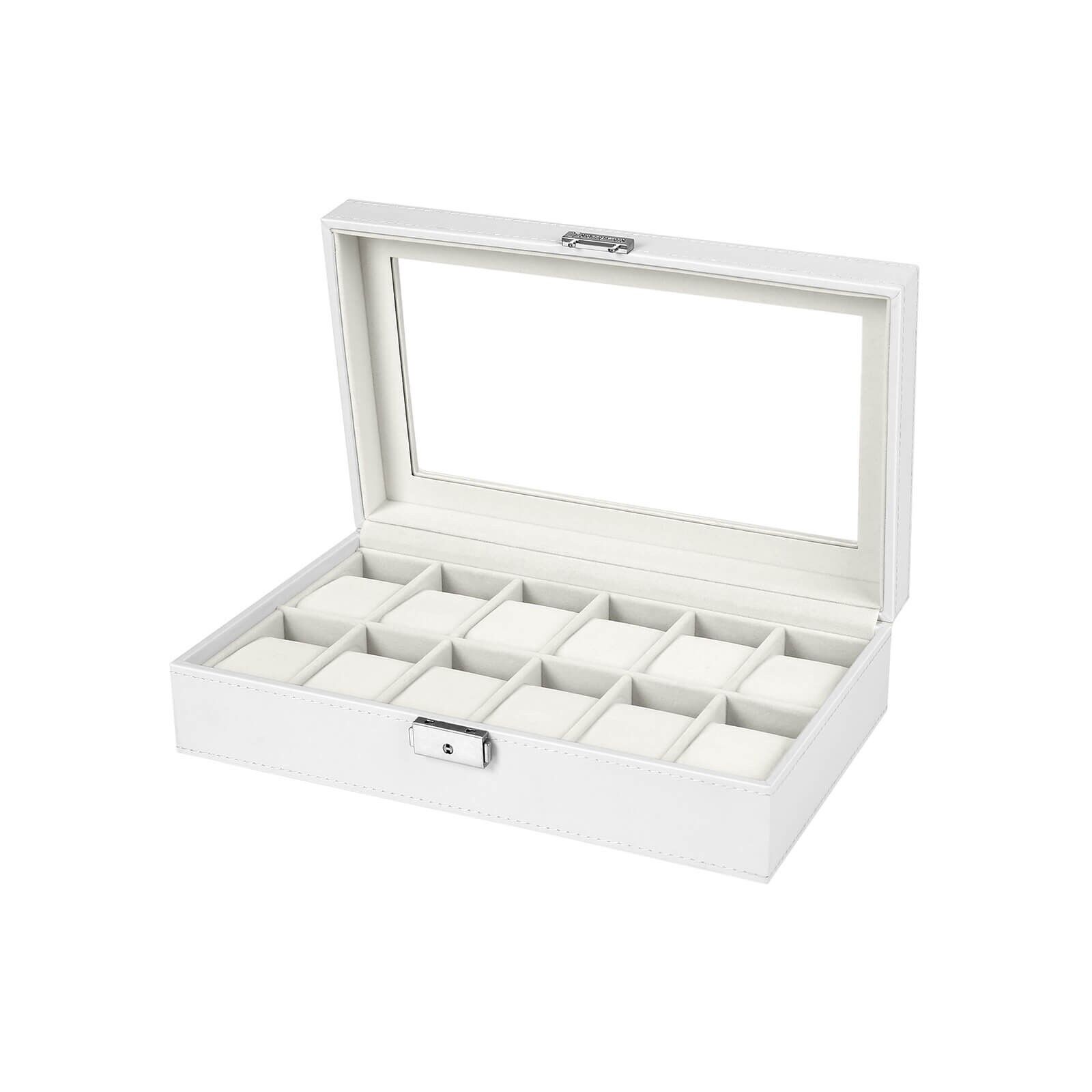 Weiße Uhrenbox für 12 Uhren, 32.5 x 19 x 8.5 cm Verpackungsmaße: 37 x 24 x 13.5 cm. Fachmaße: 4.5 x 9 cm