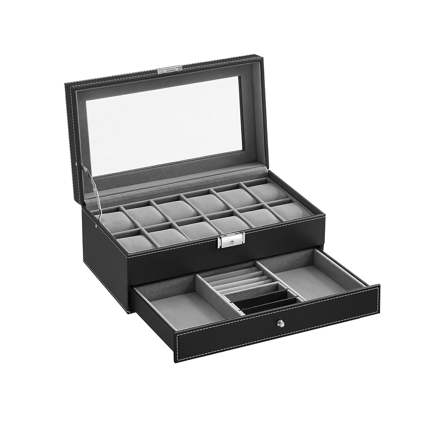 Coffret à montres à 2 niveaux noir, 32.5  x  19.5x11.5 cm