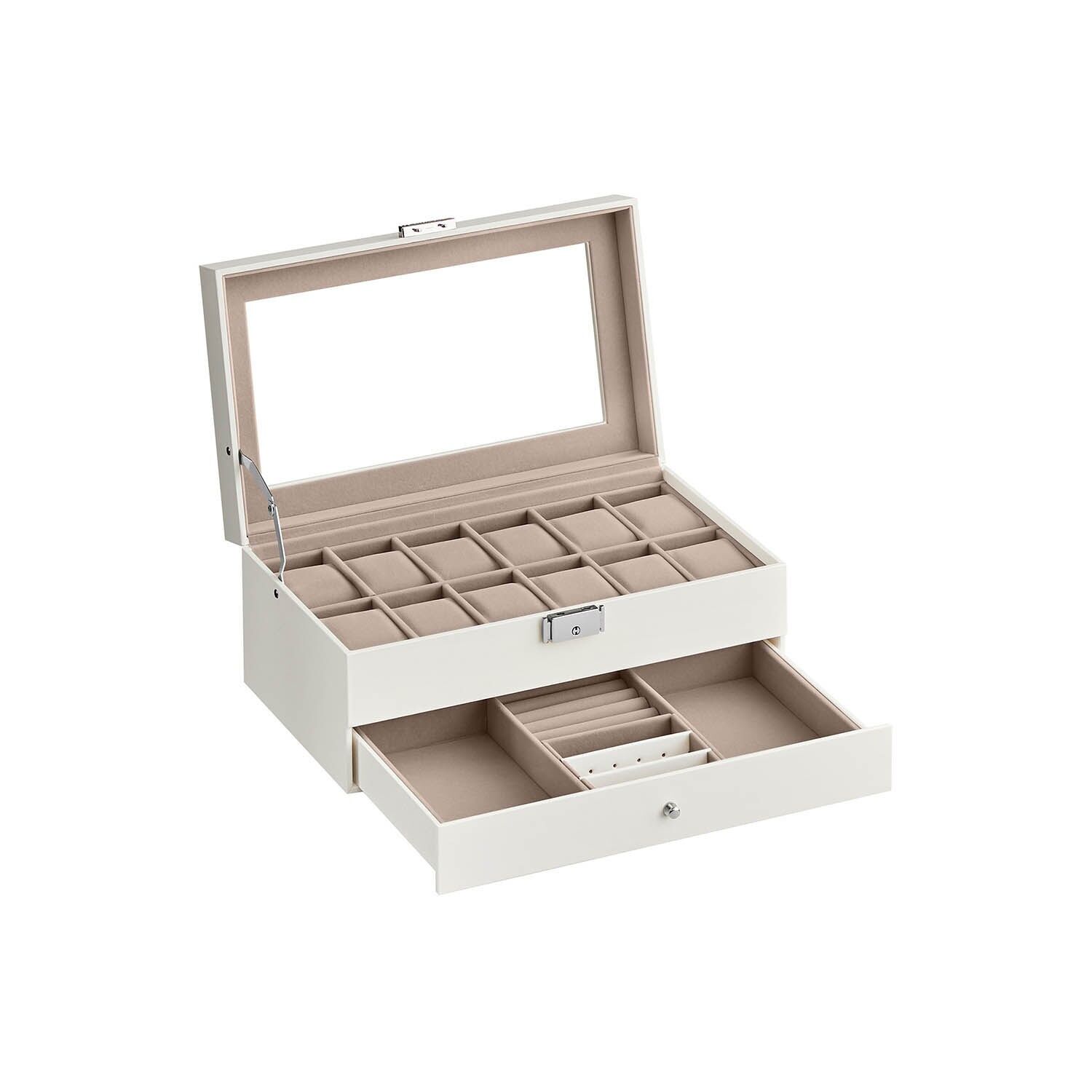 Coffret à montres avec 12 compartiments et couvercle en verre. Couvercle PU blanc nuage, doublure beige cappuccino. 18.5x32.5x13.5  cm.