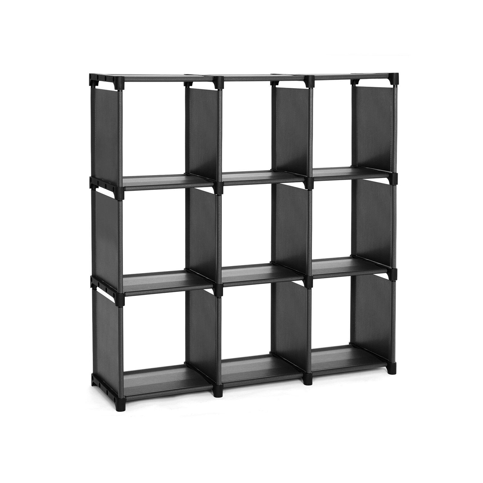 Plastic shelf with 9 cubes, black, 105 x 105 x 30 cm (W x H x D). Internal dimensions of each compartment: 32 x 32 x 30 cm