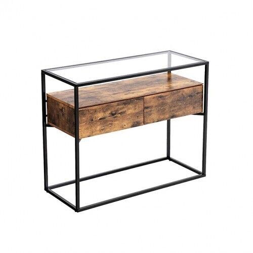Console de style industriel avec plateau en verre, 100 x 40 x 80 cm