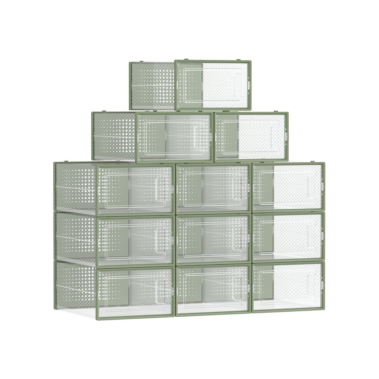 Shoe boxes set of 12 transparent-laurel green, 33.5 x 23.2 x 14.3 cm (L x W x H) Internal dimensions per box: 31.2 x 22.5 x 13.5 cm