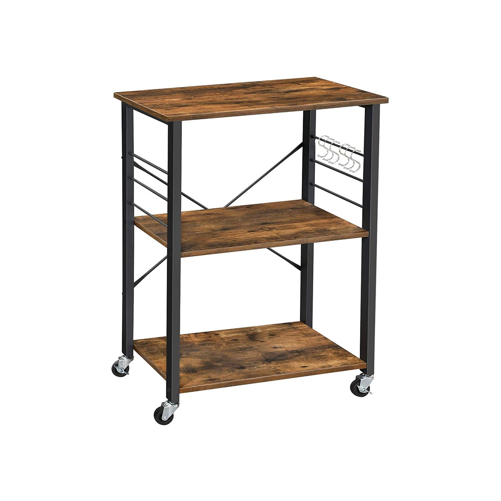 Industrial design rolling kitchen shelf, 60 x 40 x 89 cm (L x W x H) - Top shelf dimensions: 60 x 40 cm (L x W) - Middle and bottom shelf dimensions: 52 x 37.5 cm