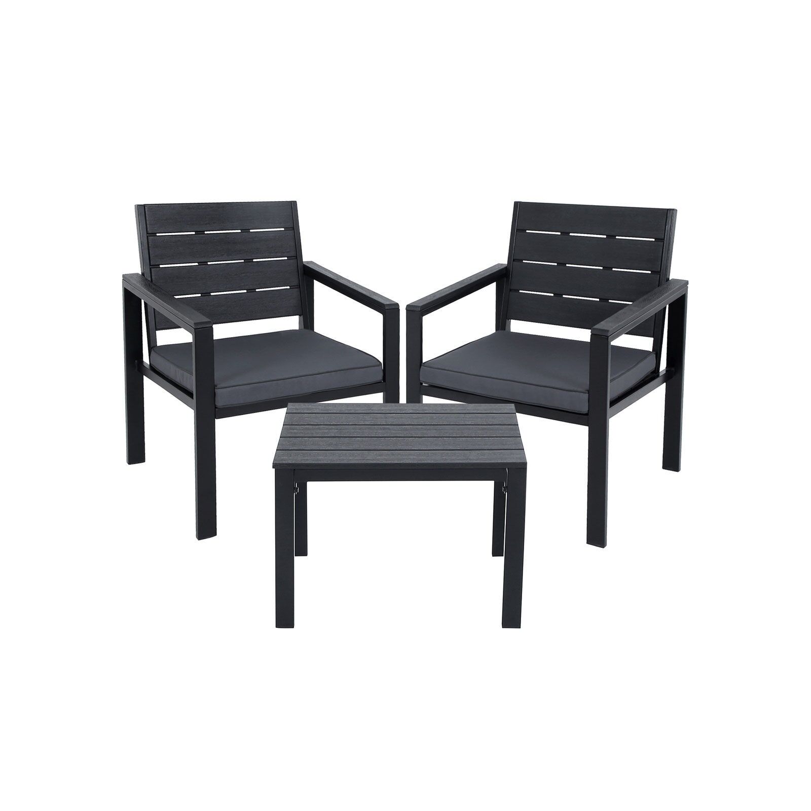 Garden furniture set of 3 black, 62.5 x 64 x 78 cm (L x W x H) - Table dimensions: 52 x 48 x 39 cm (L x W x H) - Cushion dimensions: 52 x 52 x 4 cm