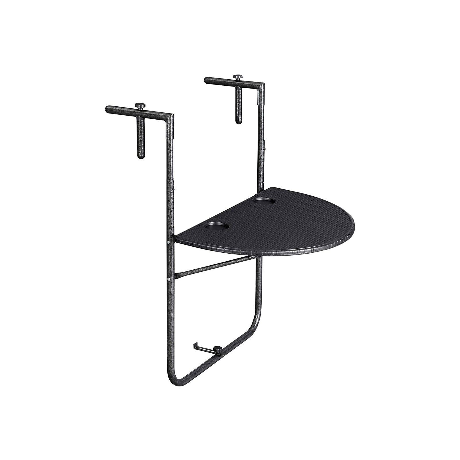 Table suspendue de balcon en polyrotin noir, 60 x 40 cm (L x l) Convient pour ce parapet ou garde-corps largeur : 6-15 cm Dimensions déplié : 60 x 63 x 83.5 cm