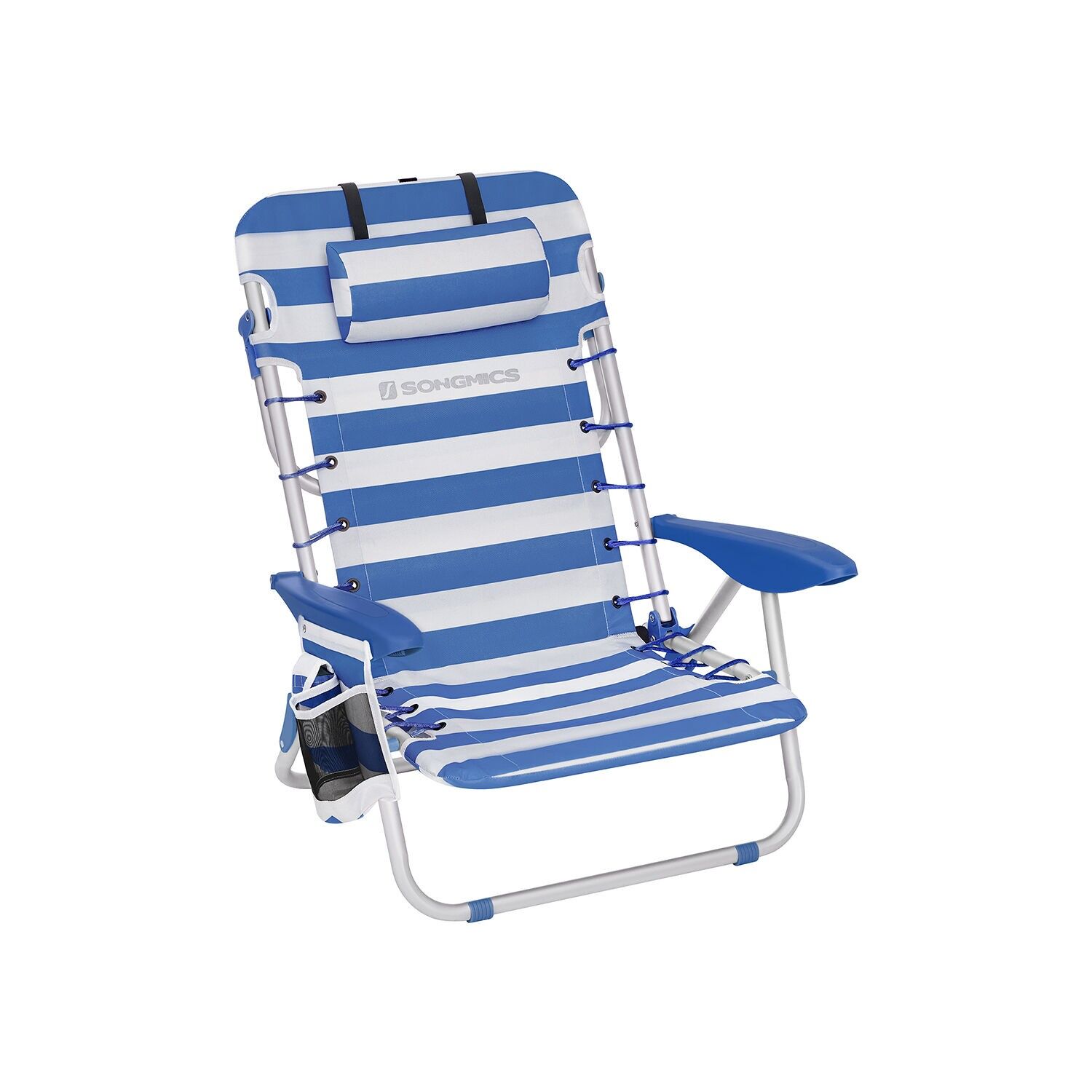 Beach chair with removable headrest, set of 2, blue and white striped, 68 x 63 x 75 cm (D x W x H) Folded dimensions: 66.5 x 70 x 11 cm (D x W x H) Seat surface: 48 x 39 cm (D x W) Backrest height: 65 cm Distance between seat and floor: 21 cm