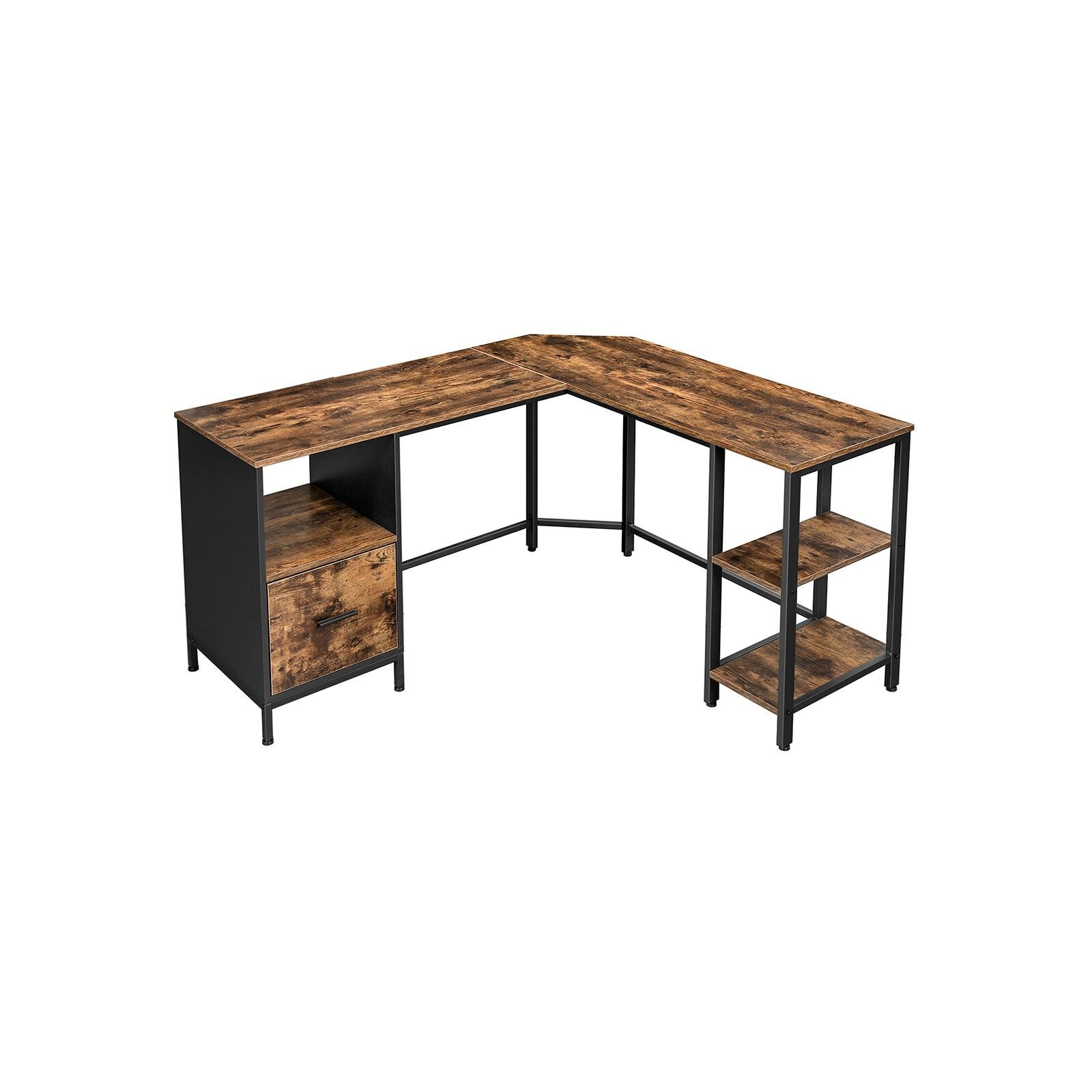 Bureau d'ordinateur en L, marron-noir vintage, 137 x 150 x 75 cm